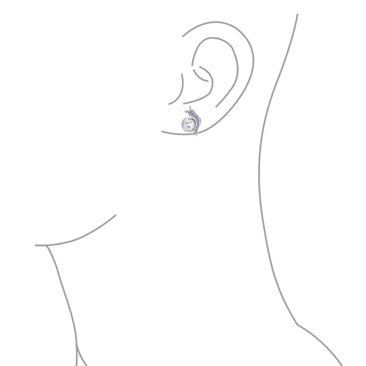 3D Nautical Zirconia Snail & Pearl Stud Earrings Silver - Image 3