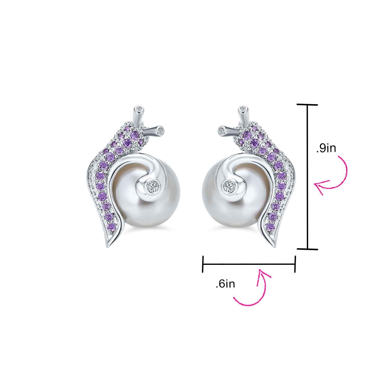 3D Nautical Zirconia Snail & Pearl Stud Earrings Silver - Image 4