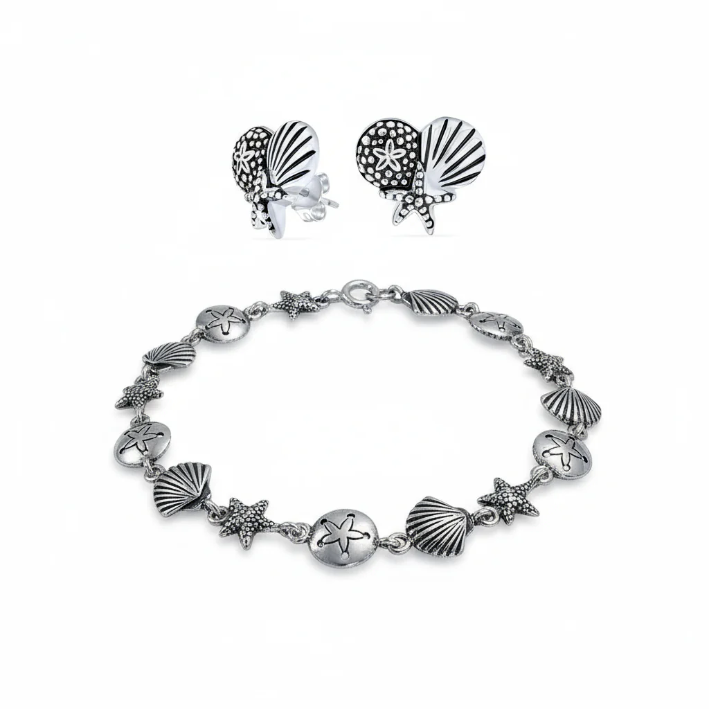 Nautical Sand Dollar Starfish Seashell Charm Bracelet & Stud Earrings Set Silver