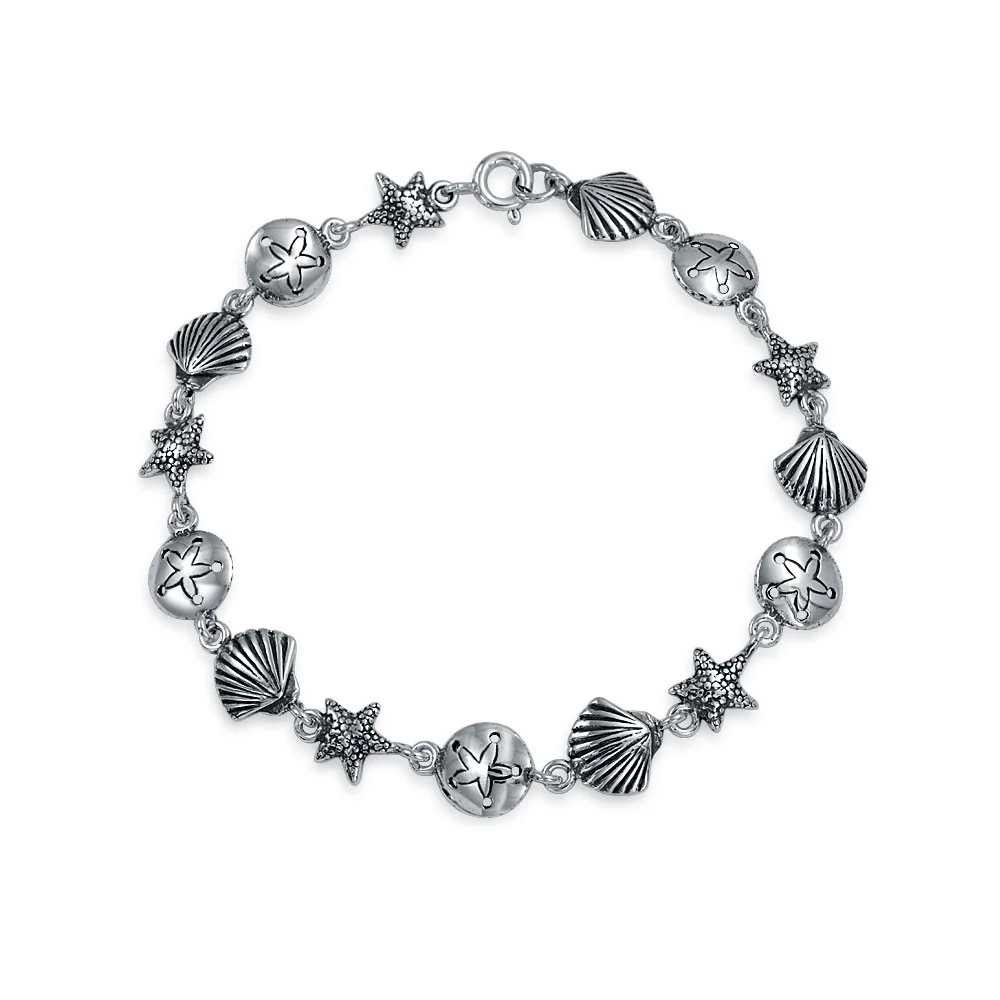 Nautical Sand Dollar Starfish Seashell Charm Bracelet & Stud Earrings Set Silver - Image 3