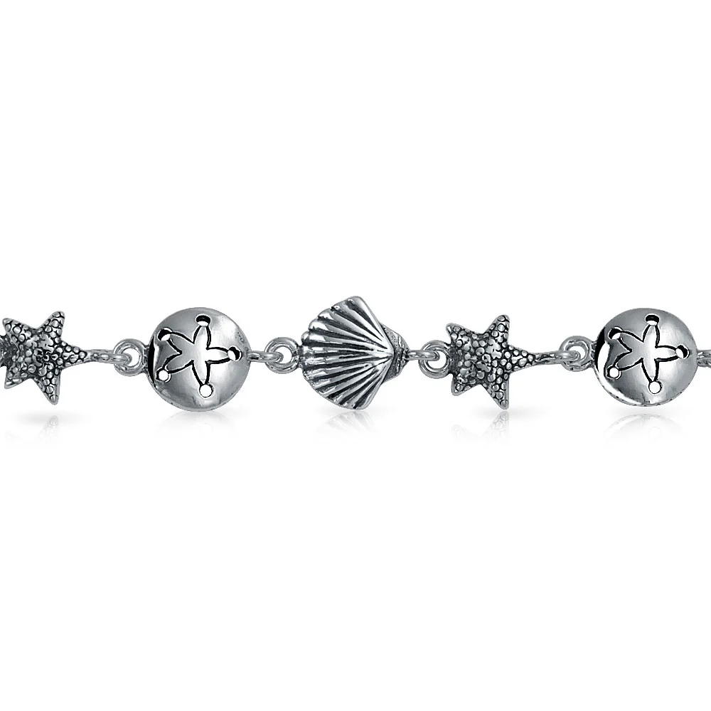 Nautical Sand Dollar Starfish Seashell Charm Bracelet & Stud Earrings Set Silver - Image 4