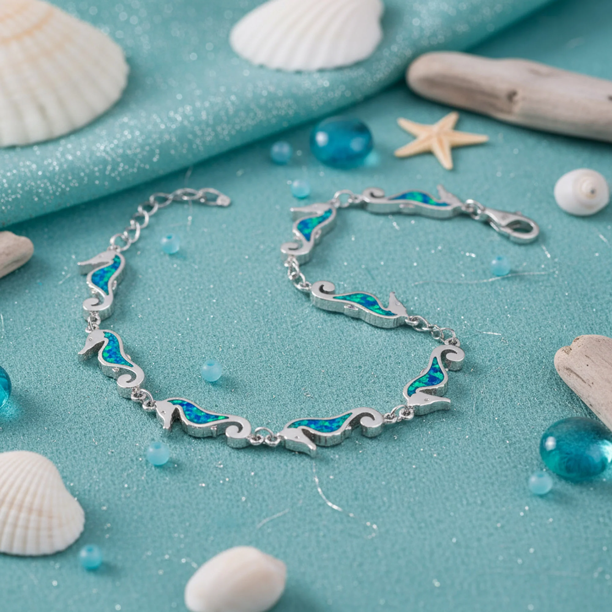 Nautical Life Created Blue Opal Multi Seahorse Charm Link Bracelet .925 Sterling Silver - Image 3