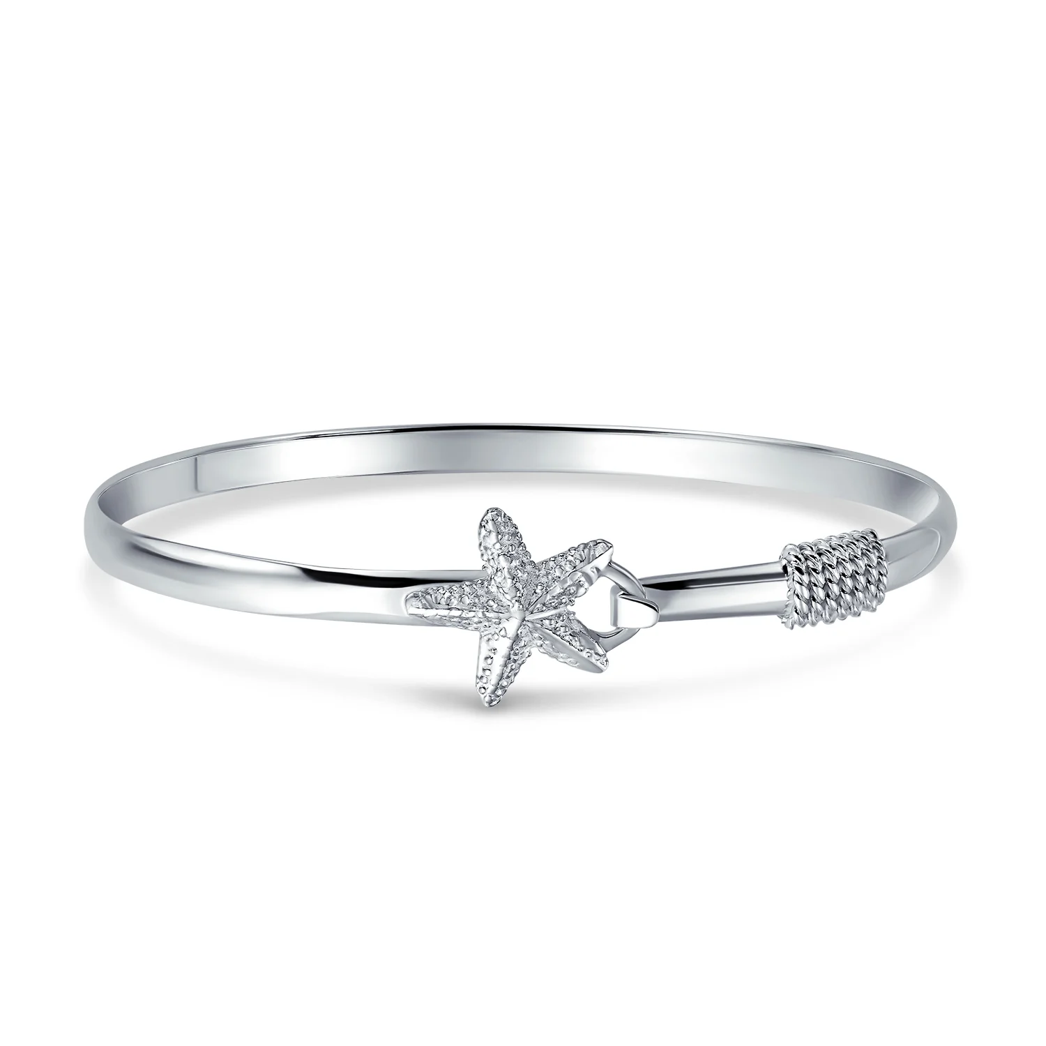 Nautical Starfish Bangle Bracelet in Sterling Silver with Eye Hook Clasp