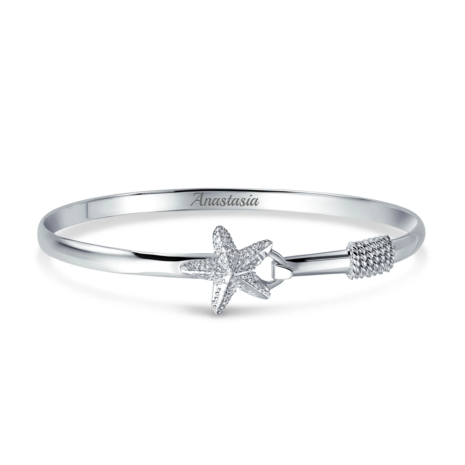 Nautical Starfish Bangle Bracelet in Sterling Silver with Eye Hook Clasp - Image 4