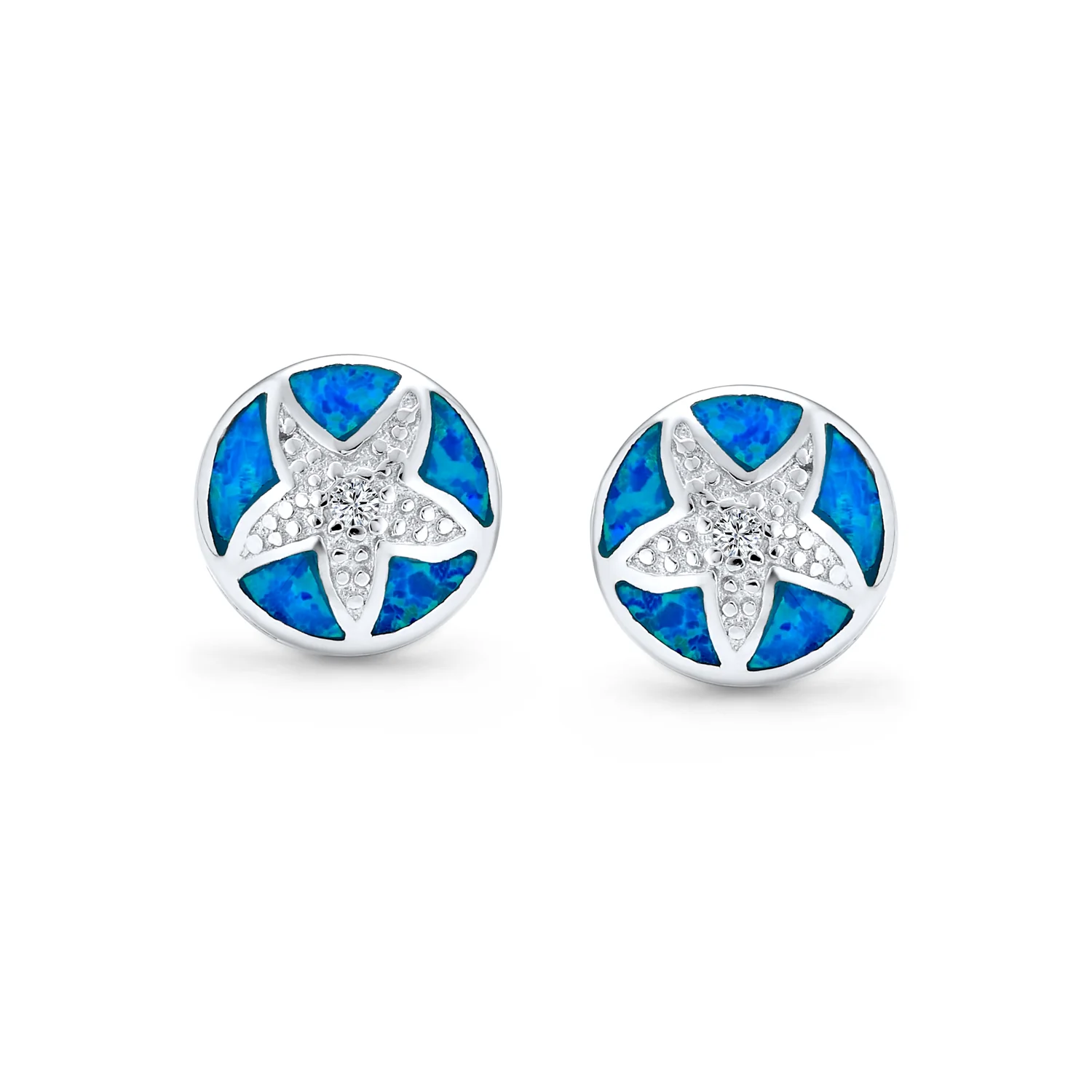 Nautical Starfish Stud Earrings with Blue Opal Inlay in Sterling Silver - Image 2