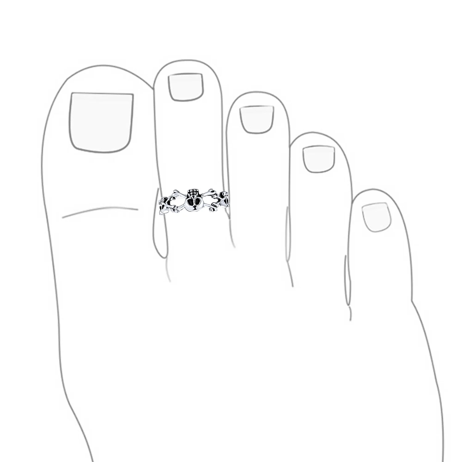 Set of 2 Nautical Fish Bone and Punk Rocker Skull Midi Toe Ring Sterling Silver - Image 6
