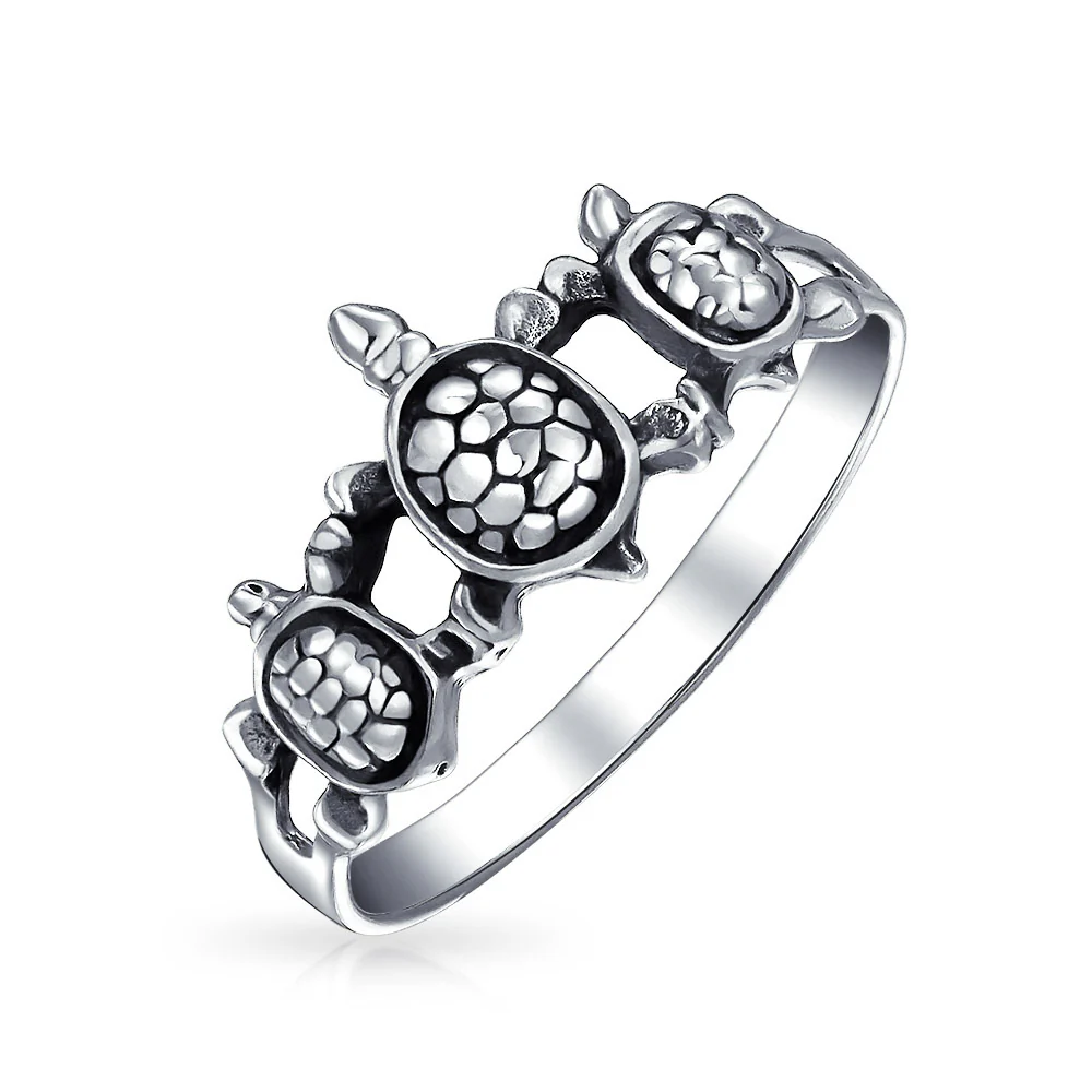 Nautical Hawaii BFF Friendship Three Best Friends Family Sea Turtle Ring Band .925 Sterling Silver