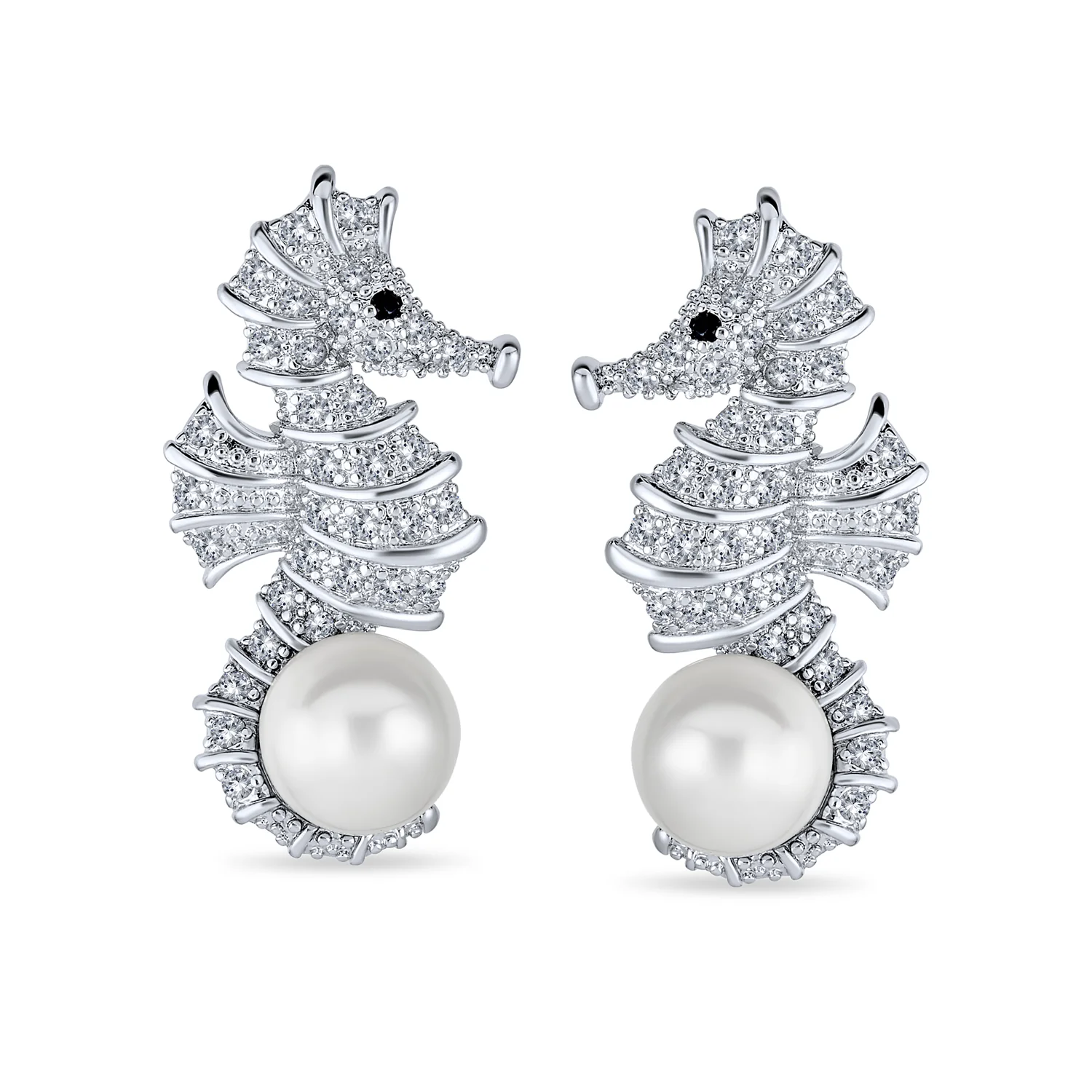 Nautical Wedding CZ Stud Earrings with Simulated Pearl Seahorse Design - Image 2