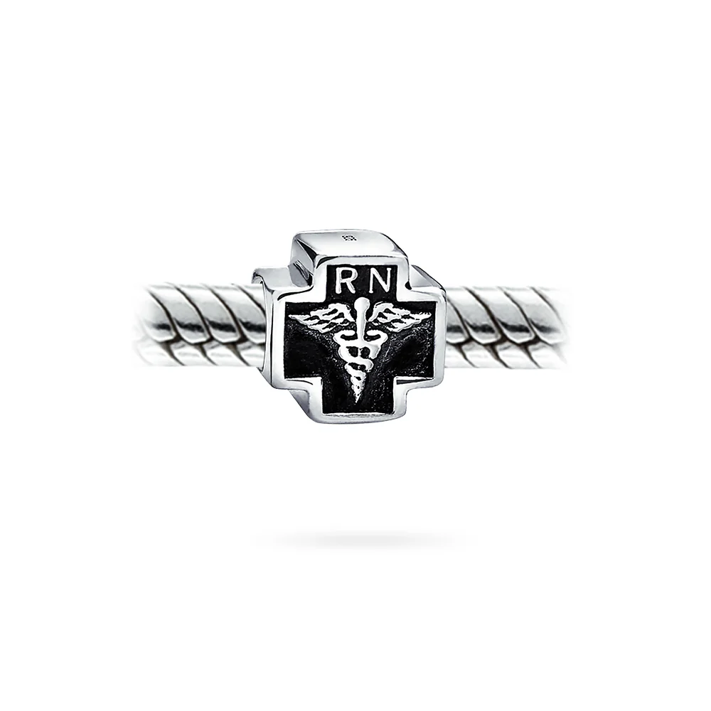 Nurse RN Caduceus Cross Charm Bead Sterling Silver for European Bracelet - Image 2