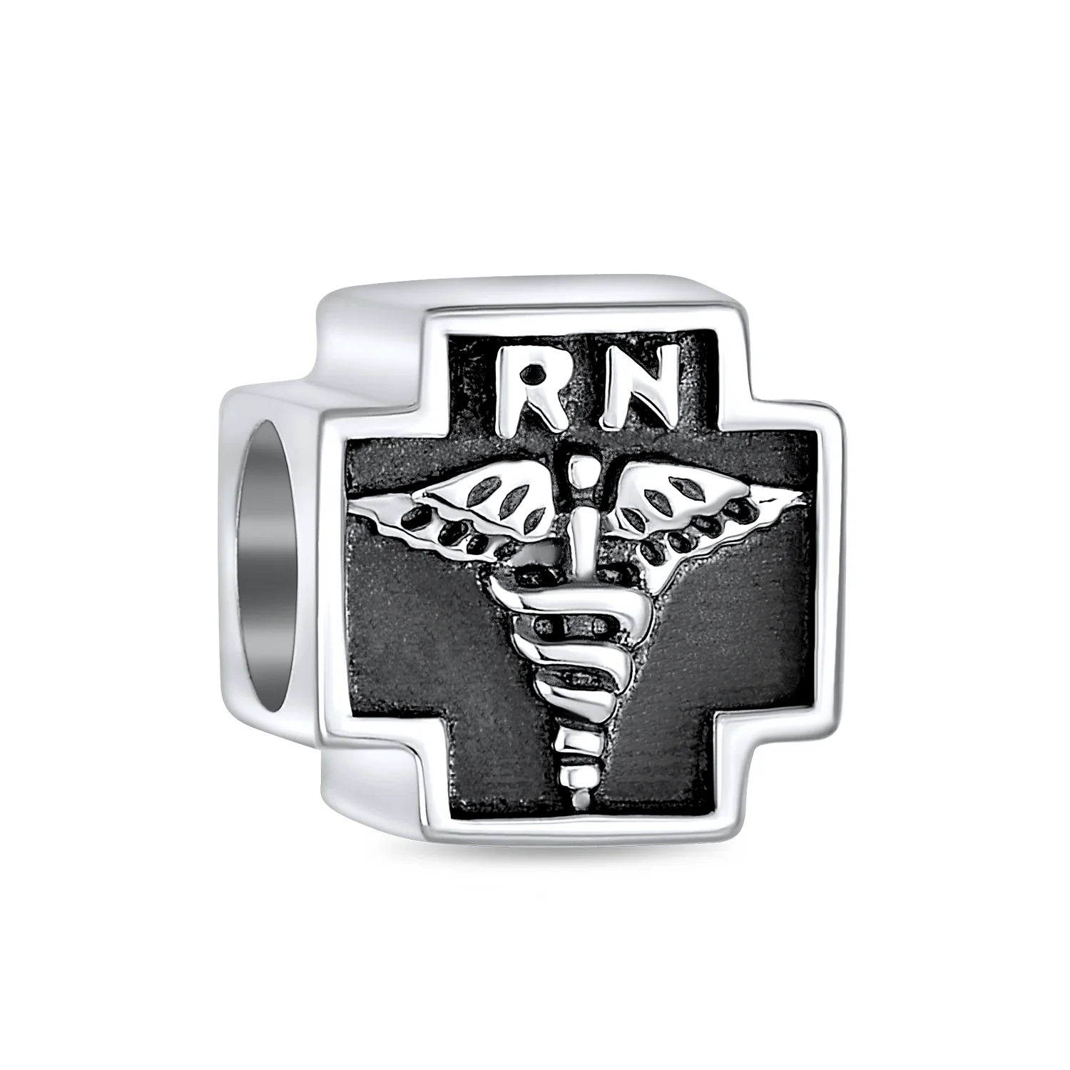 Set of 2 Nursing RN Caduceus Cross & Nurse Hat Charm Bead Sterling Silver - Image 2