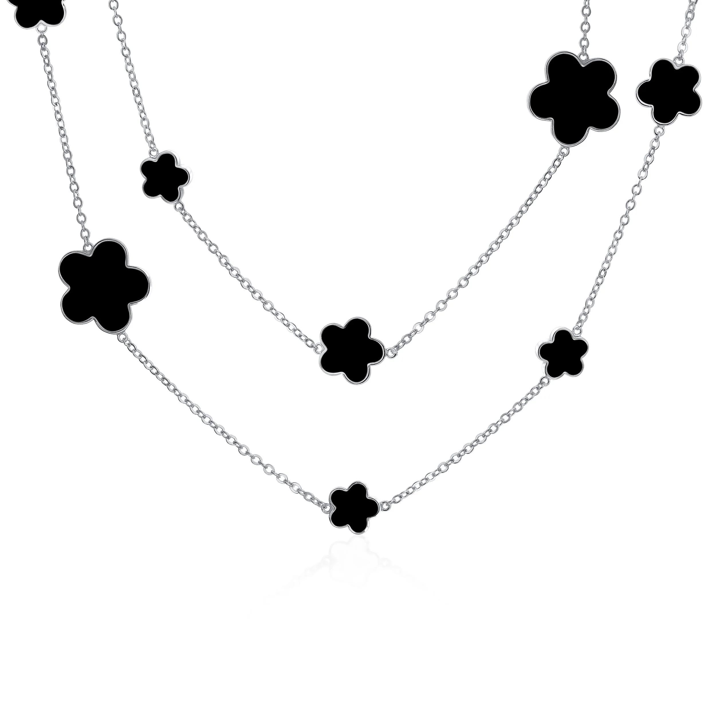 Fashion Off White Black Pink Enamel Flower Strand Necklace Silver Tone 40 Inch - Image 3