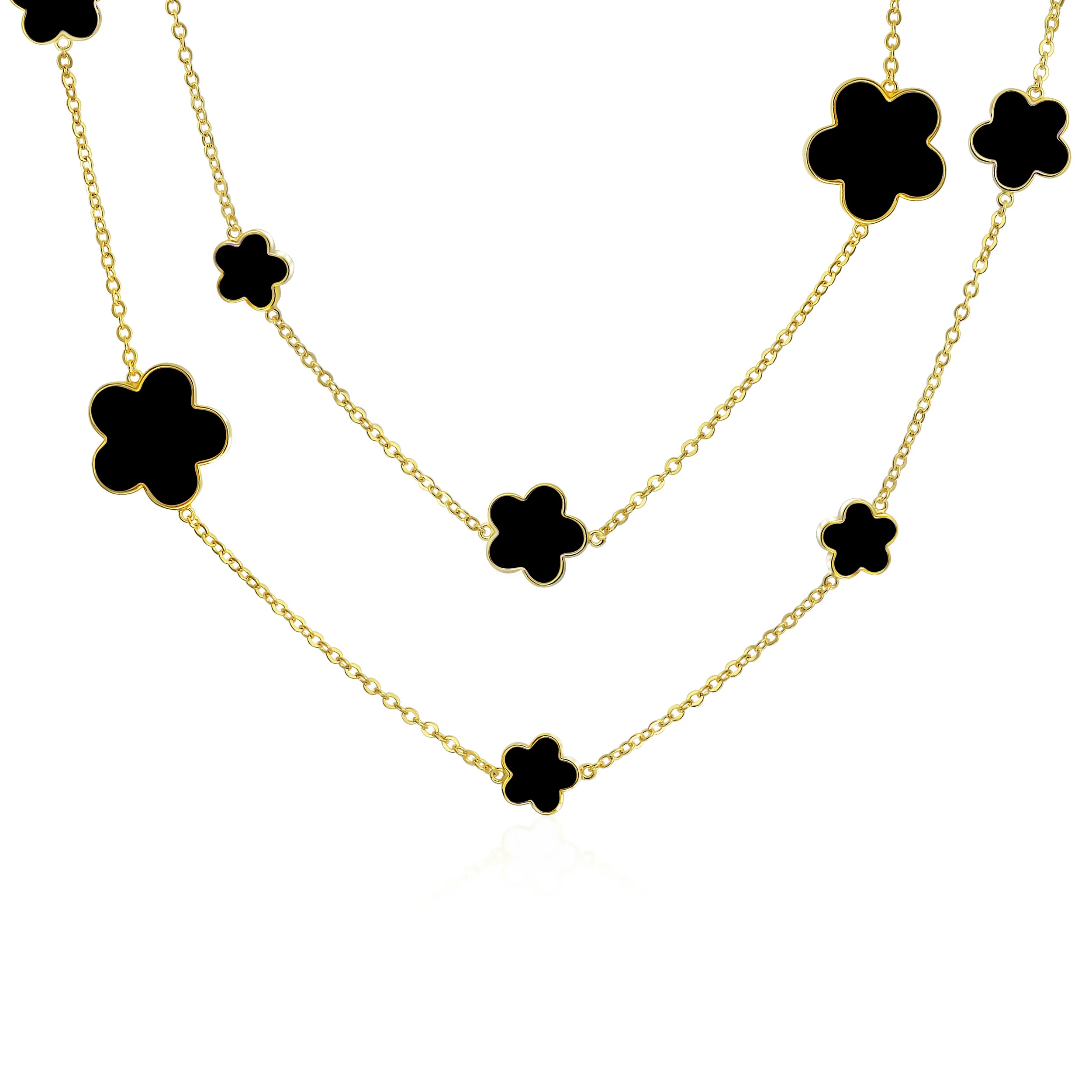 Fashion Off White Black Pink Enamel Flower Strand Necklace Silver Tone 40 Inch - Image 4