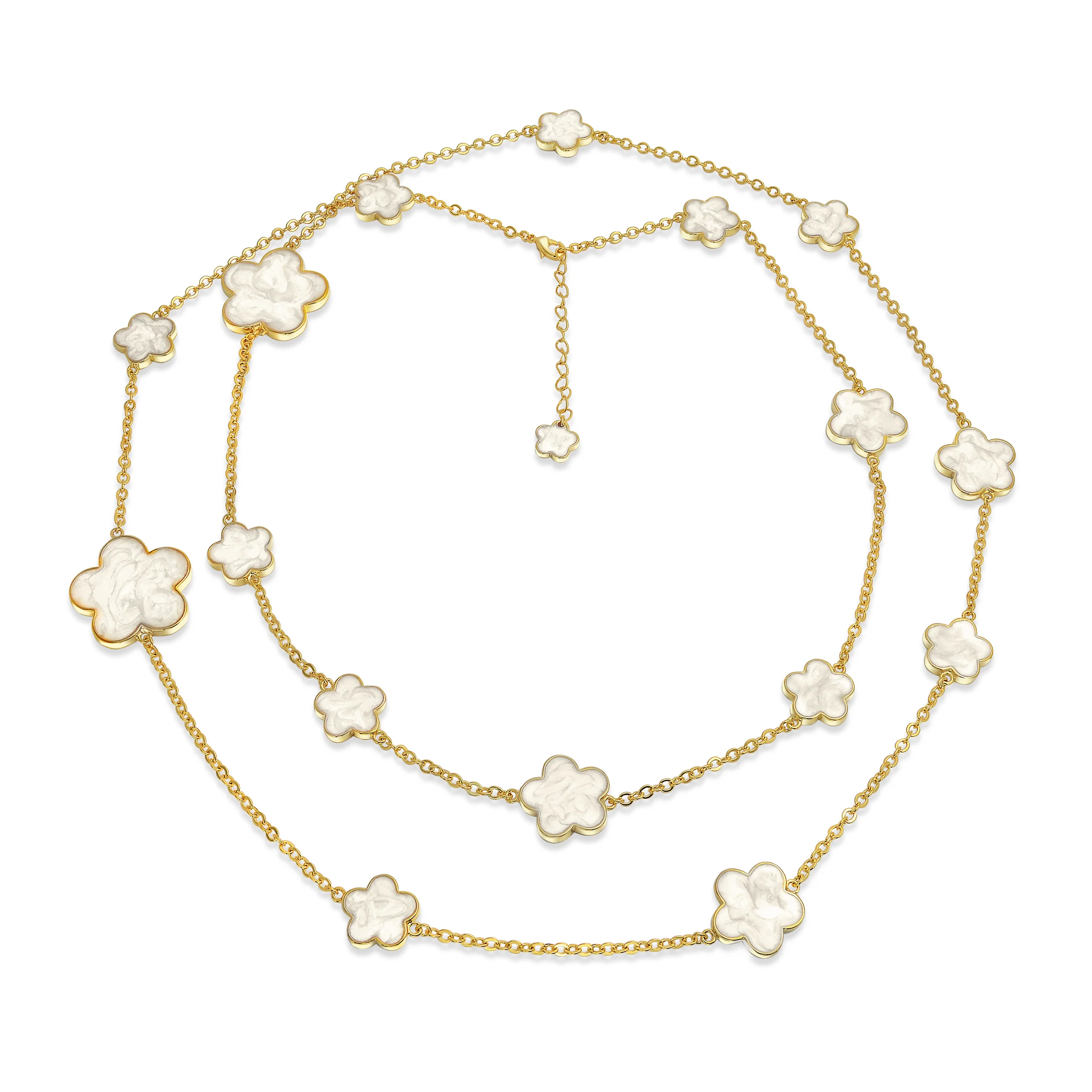 Fashion Off White Black Pink Enamel Flower Strand Necklace Silver Tone 40 Inch - Image 5