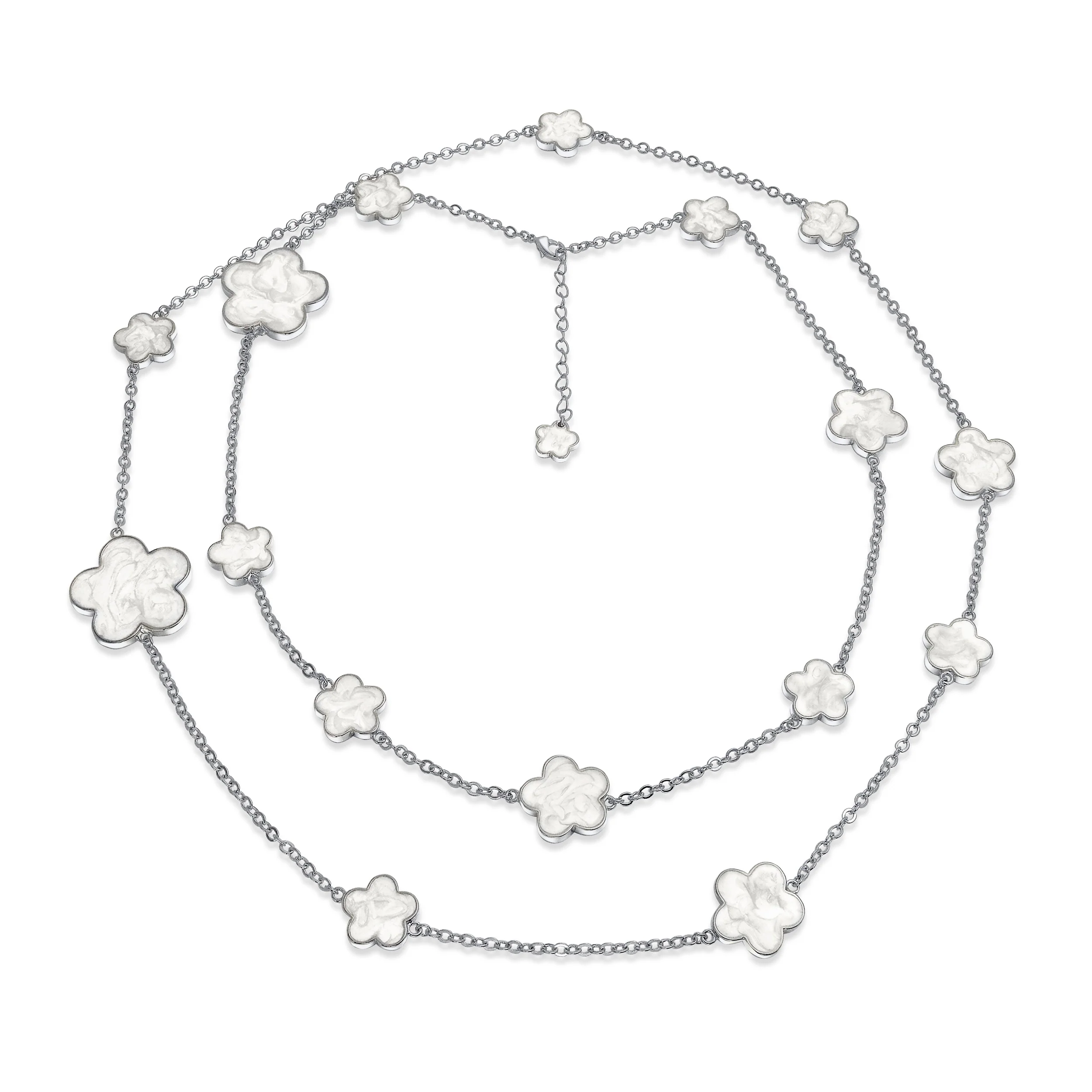Fashion Off White Black Pink Enamel Flower Strand Necklace Silver Tone 40 Inch - Image 6