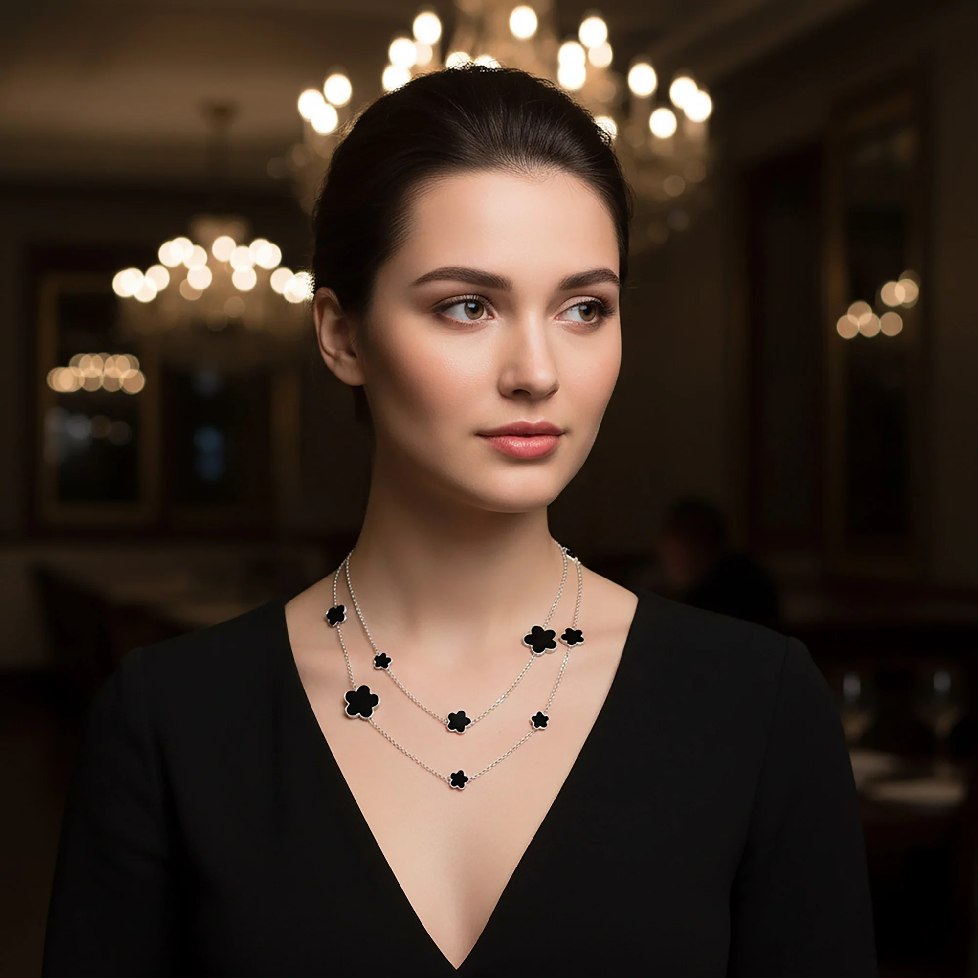 Fashion Off White Black Pink Enamel Flower Strand Necklace Silver Tone 40 Inch - Image 7