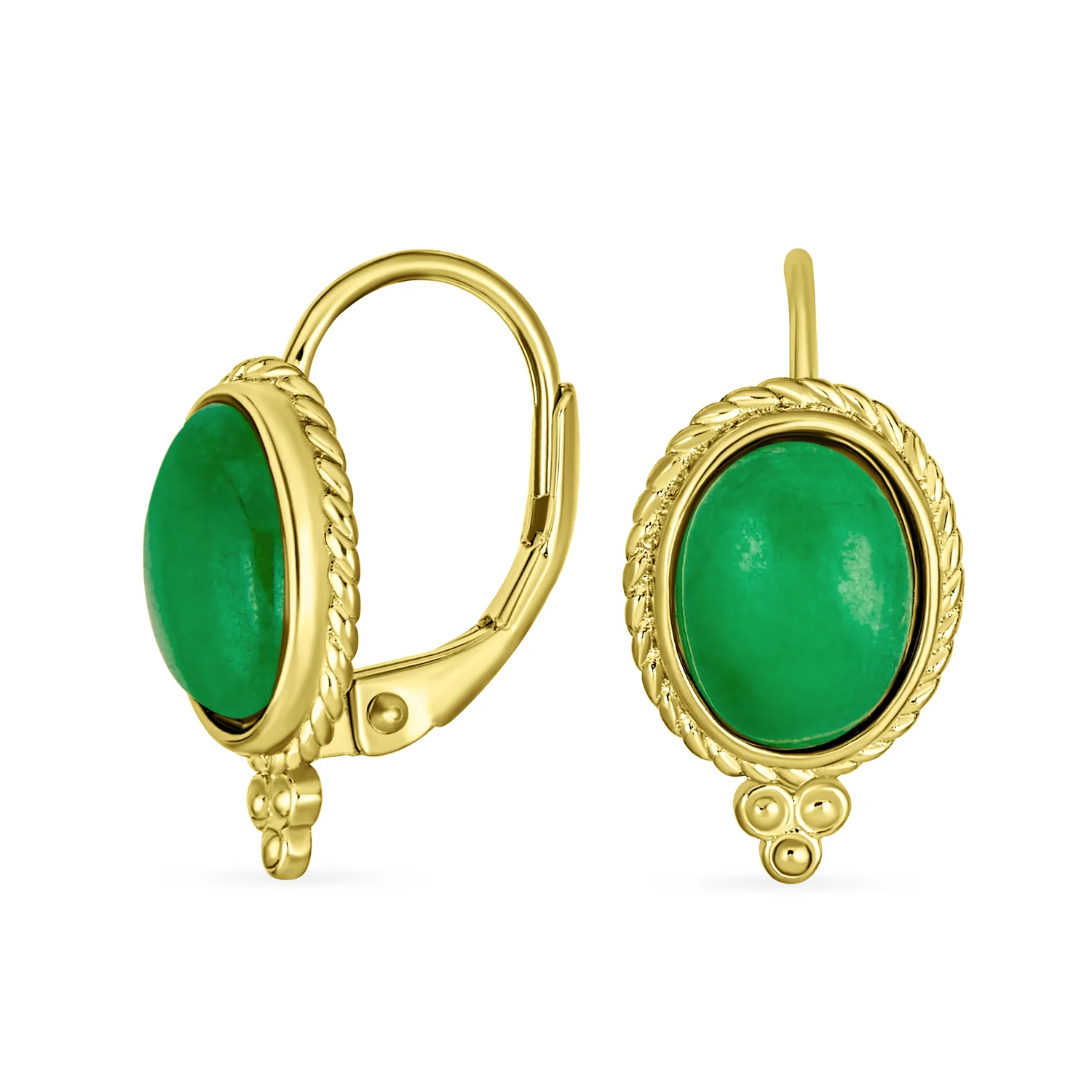 GreenJade Cable Edge Oval Gemstone Drop Earrings Gold Plated .925 Silver