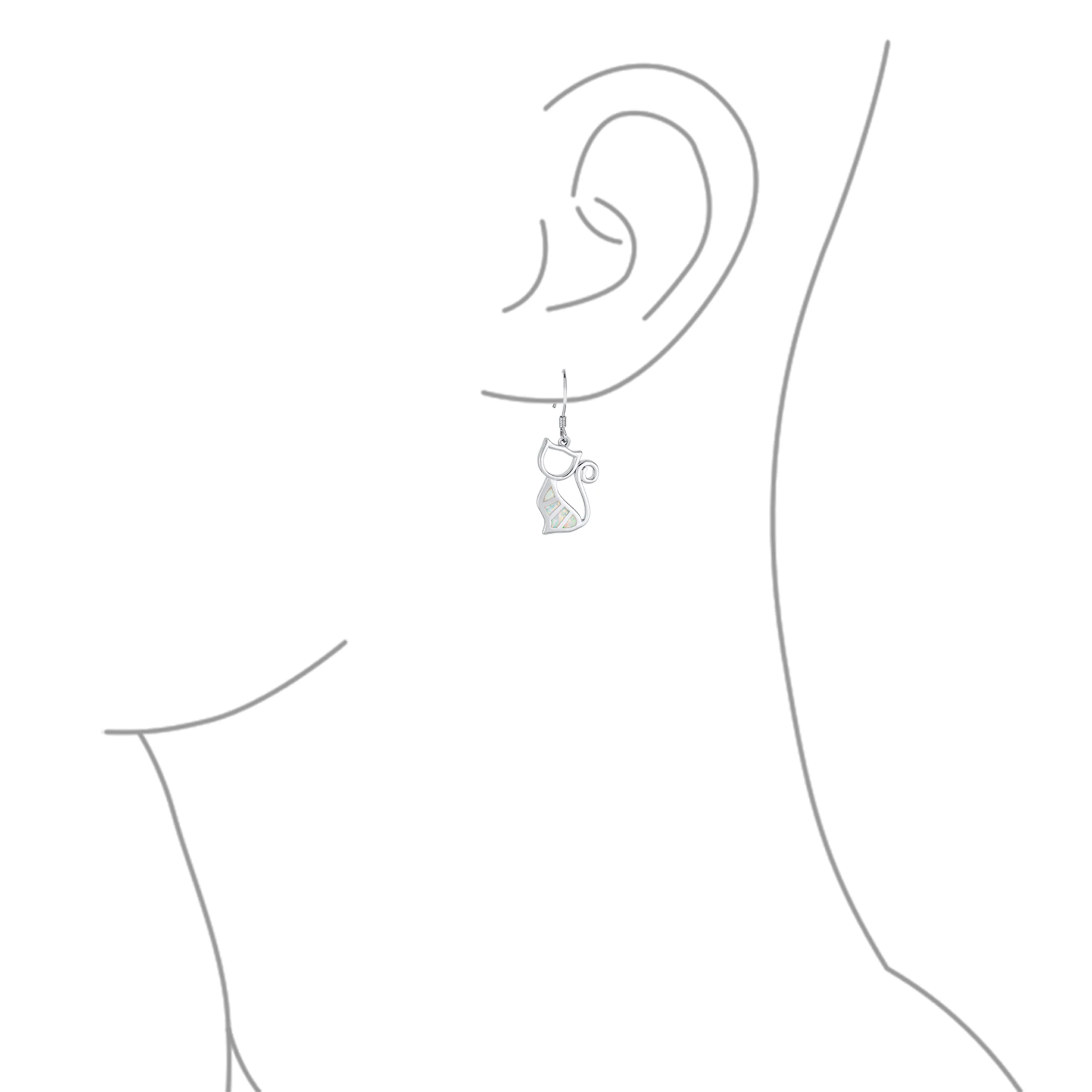 Animal Lover Pet Kitten White Created Opal Cat Dangle Earrings .925 Sterling Silver - Image 3