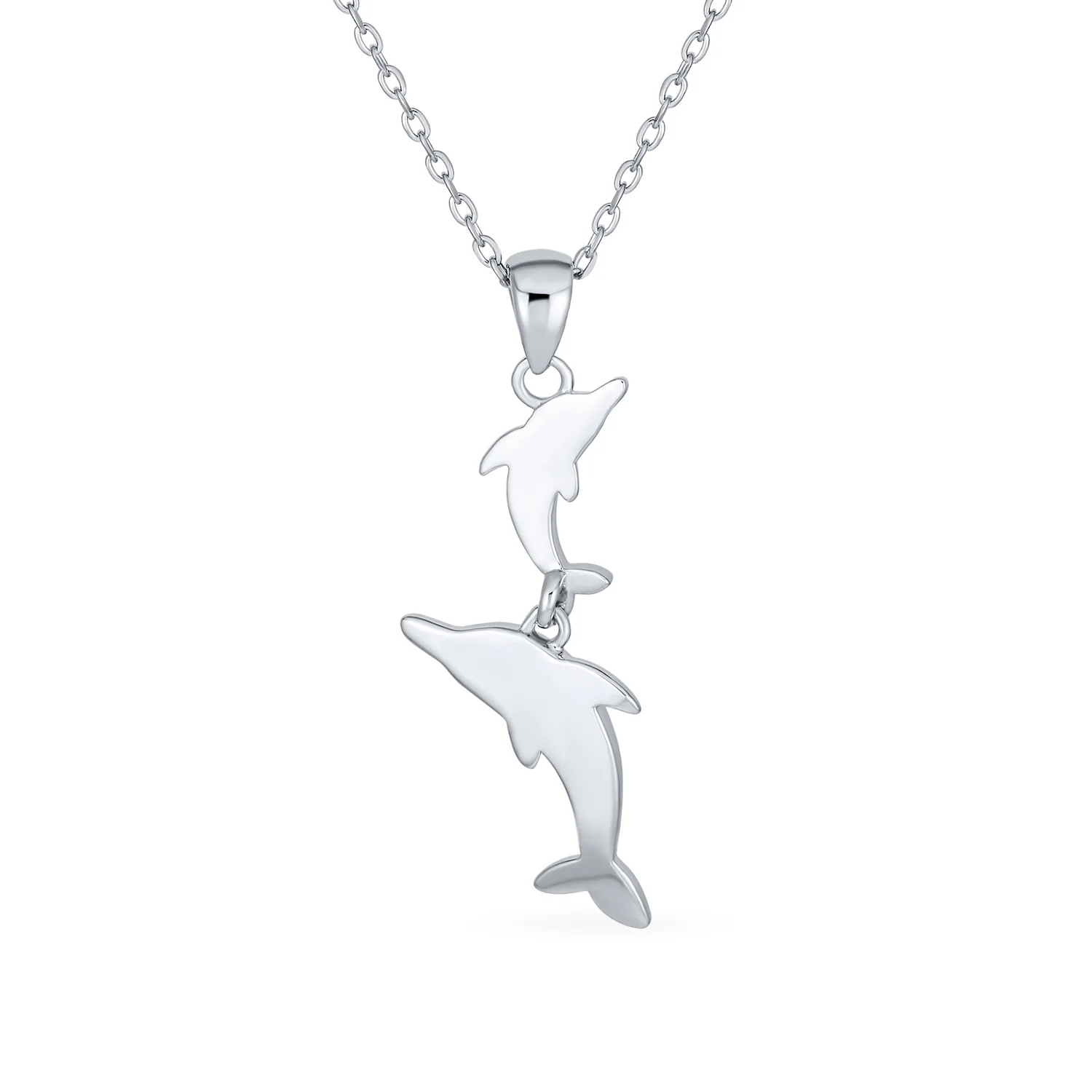 Family Nautical Dolphins Pendant Necklace Created Blue Opal .925 Sterling Silver - Image 2