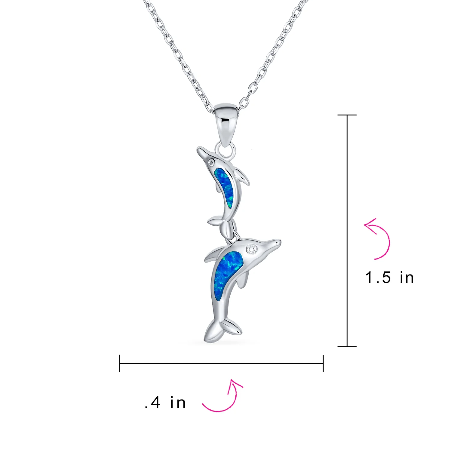 Family Nautical Dolphins Pendant Necklace Created Blue Opal .925 Sterling Silver - Image 3