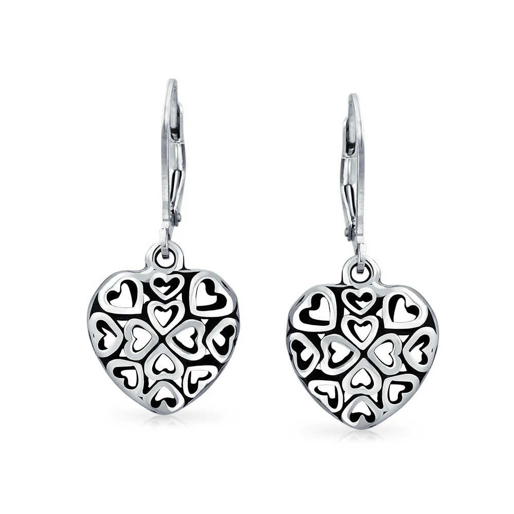 Open Clover Flower Filigree Heart Dangle Earrings Oxidized Sterling Silver - Image 2