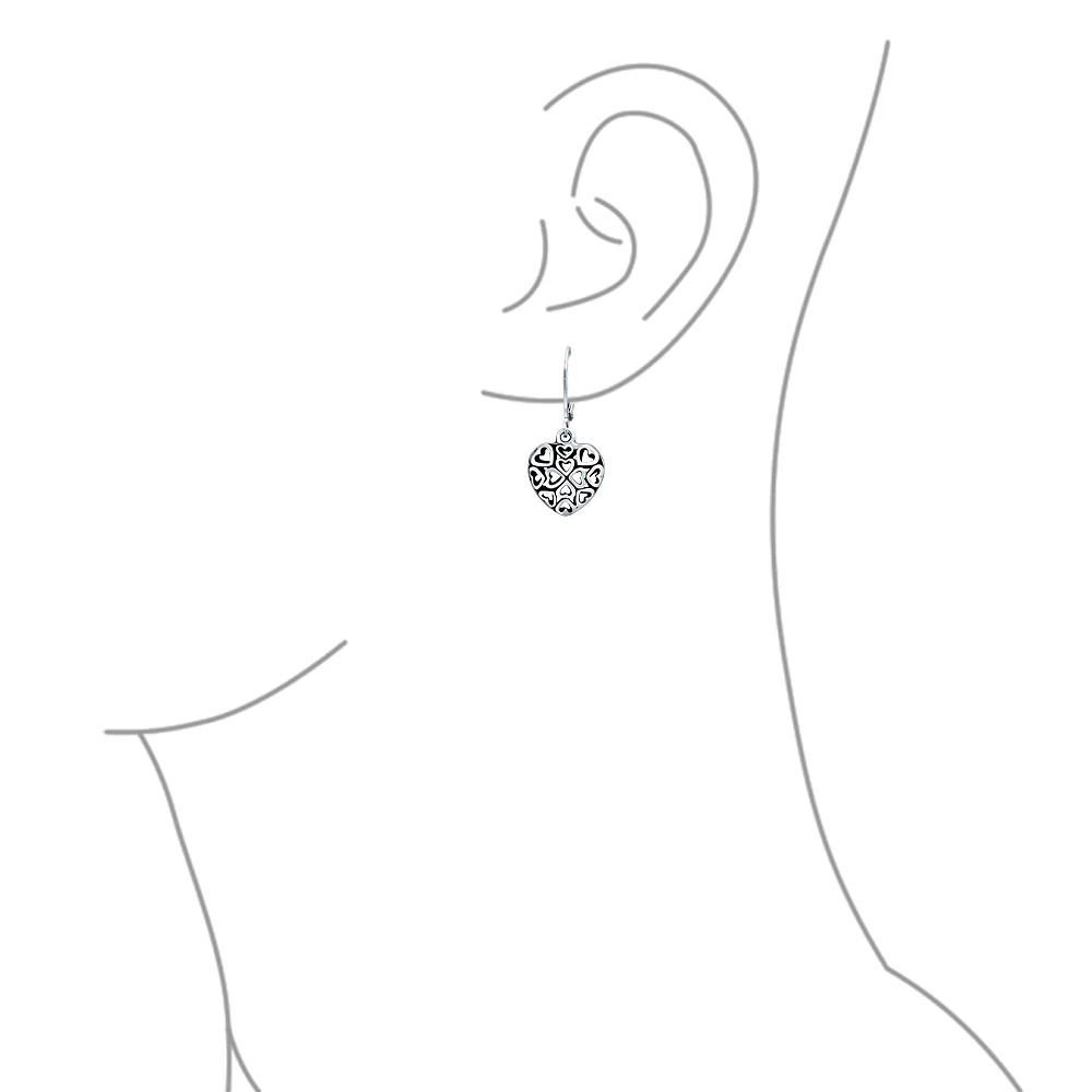 Open Clover Flower Filigree Heart Dangle Earrings Oxidized Sterling Silver - Image 4