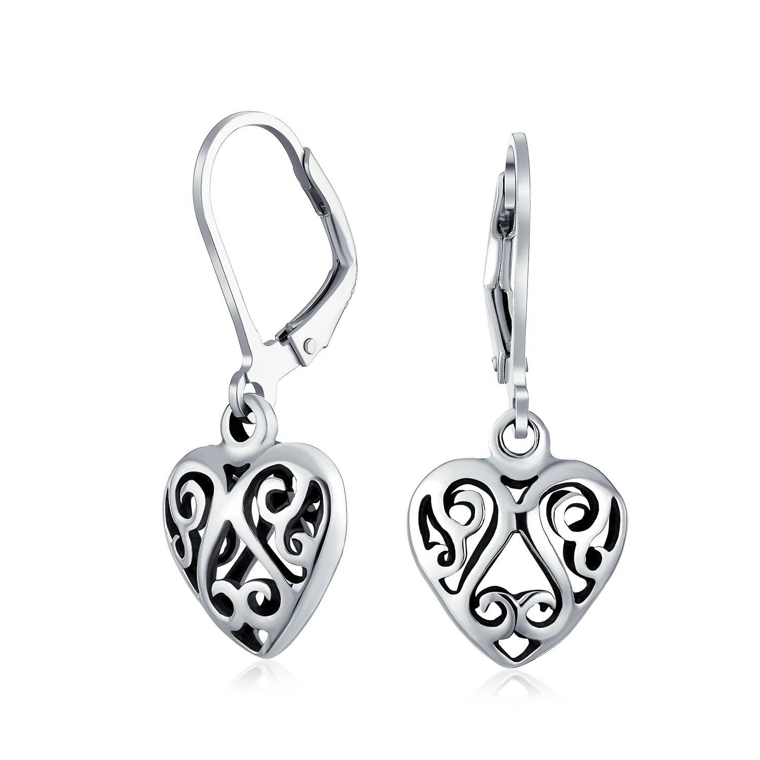 Open Filigree Heart Dangle Earrings Rose Gold Plated Sterling Silver Leverback