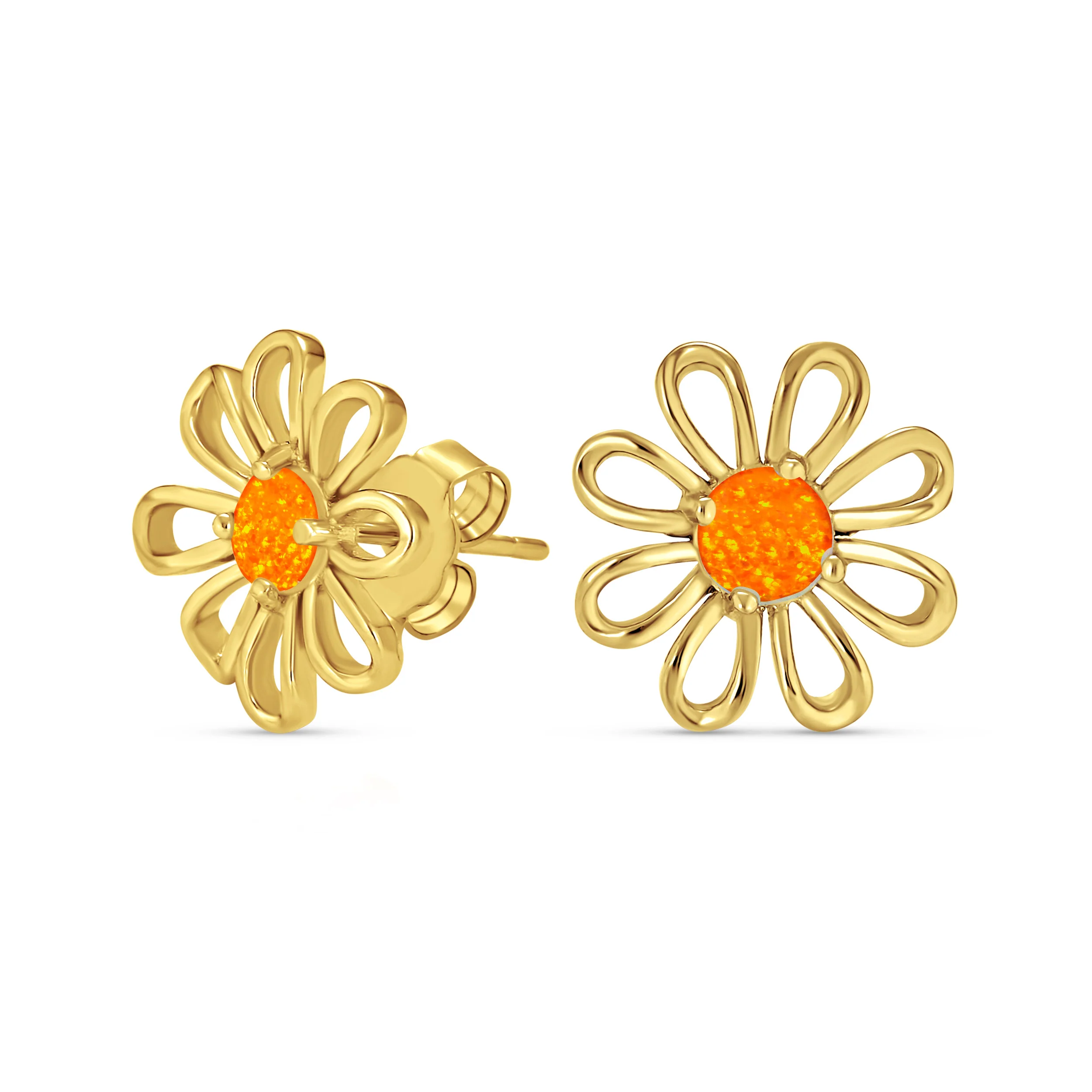 Created Fire Orange Opal Daisy Flower Stud Earrings 14K Gold Plated Sterling Silver
