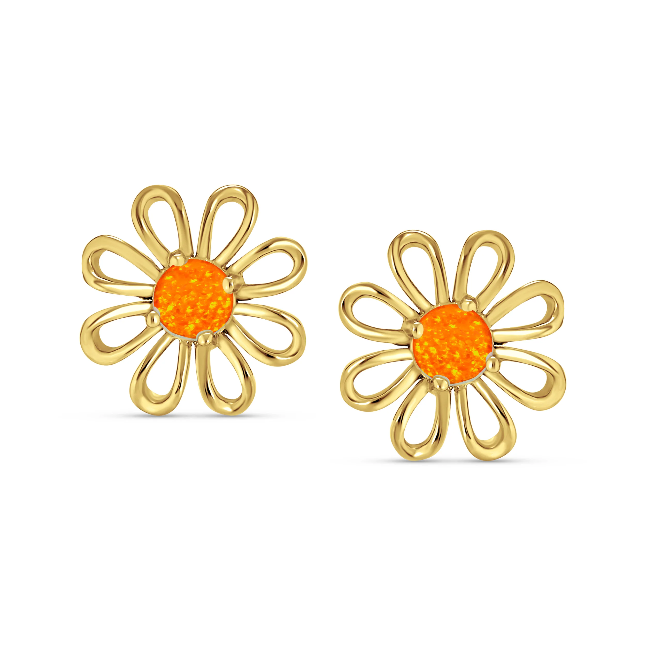 Created Fire Orange Opal Daisy Flower Stud Earrings 14K Gold Plated Sterling Silver - Image 2