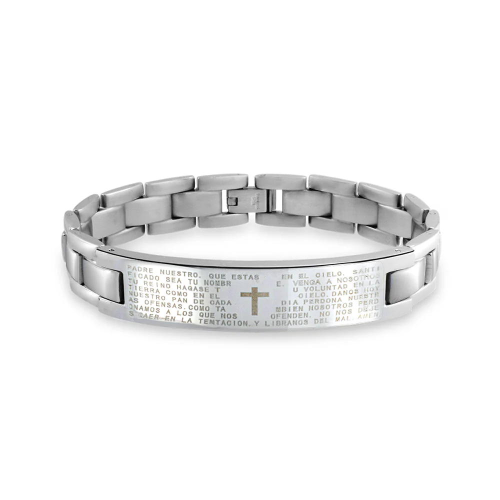 Religious Our Lords Prayer Cross El Padre Maestro ID Bracelet Stainless Steel