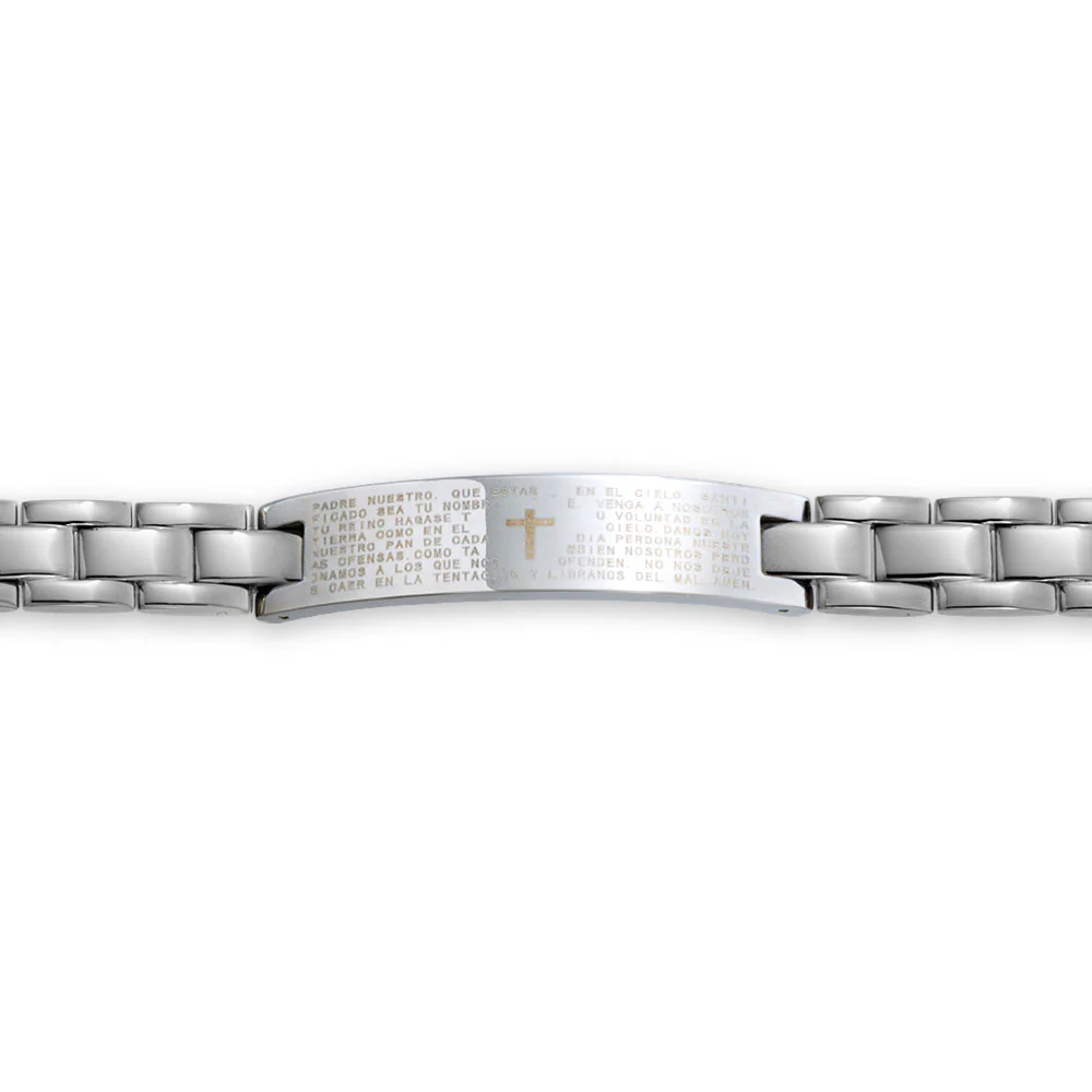 Religious Our Lords Prayer Cross El Padre Maestro ID Bracelet Stainless Steel - Image 2