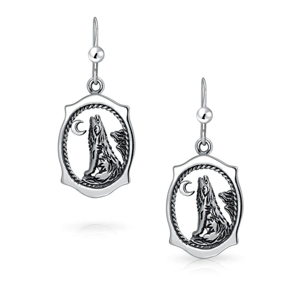 Oval Animal Totem Amulet Wicca Jewelry Howling Wolf Dangle Earrings Silver - Image 4