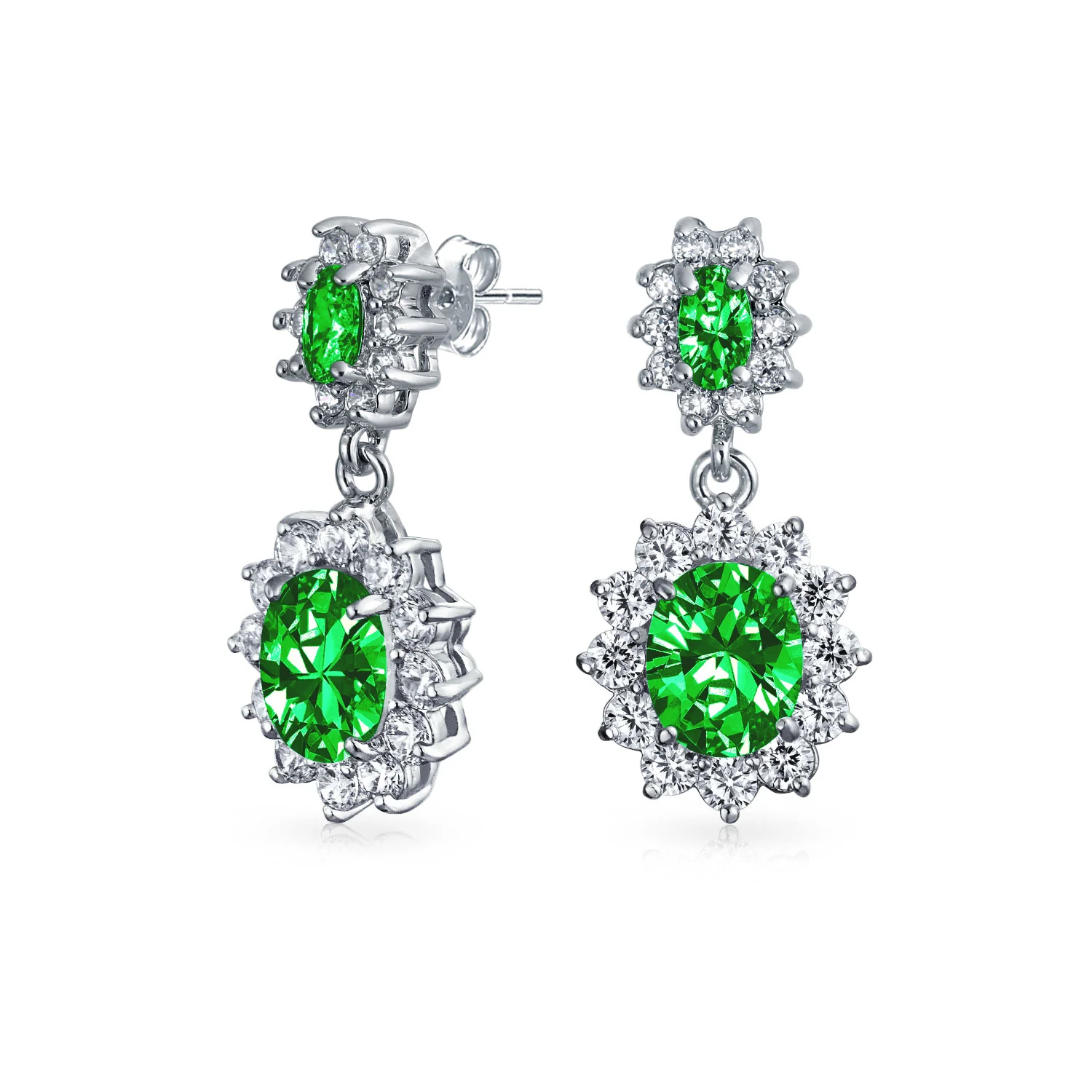 Classic Cocktail Saphire Blue Cubic Zirconia CZ Dangle Oval Drop Earrings Silver Plated
