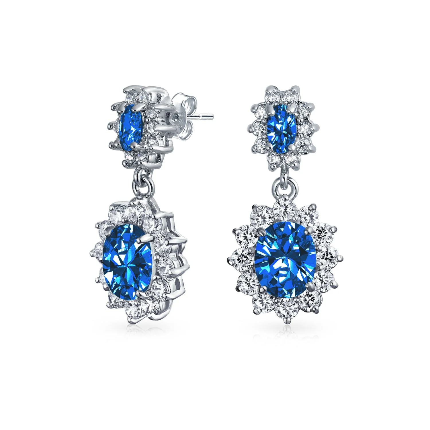 Classic Cocktail Saphire Blue Cubic Zirconia CZ Dangle Oval Drop Earrings Silver Plated - Image 2
