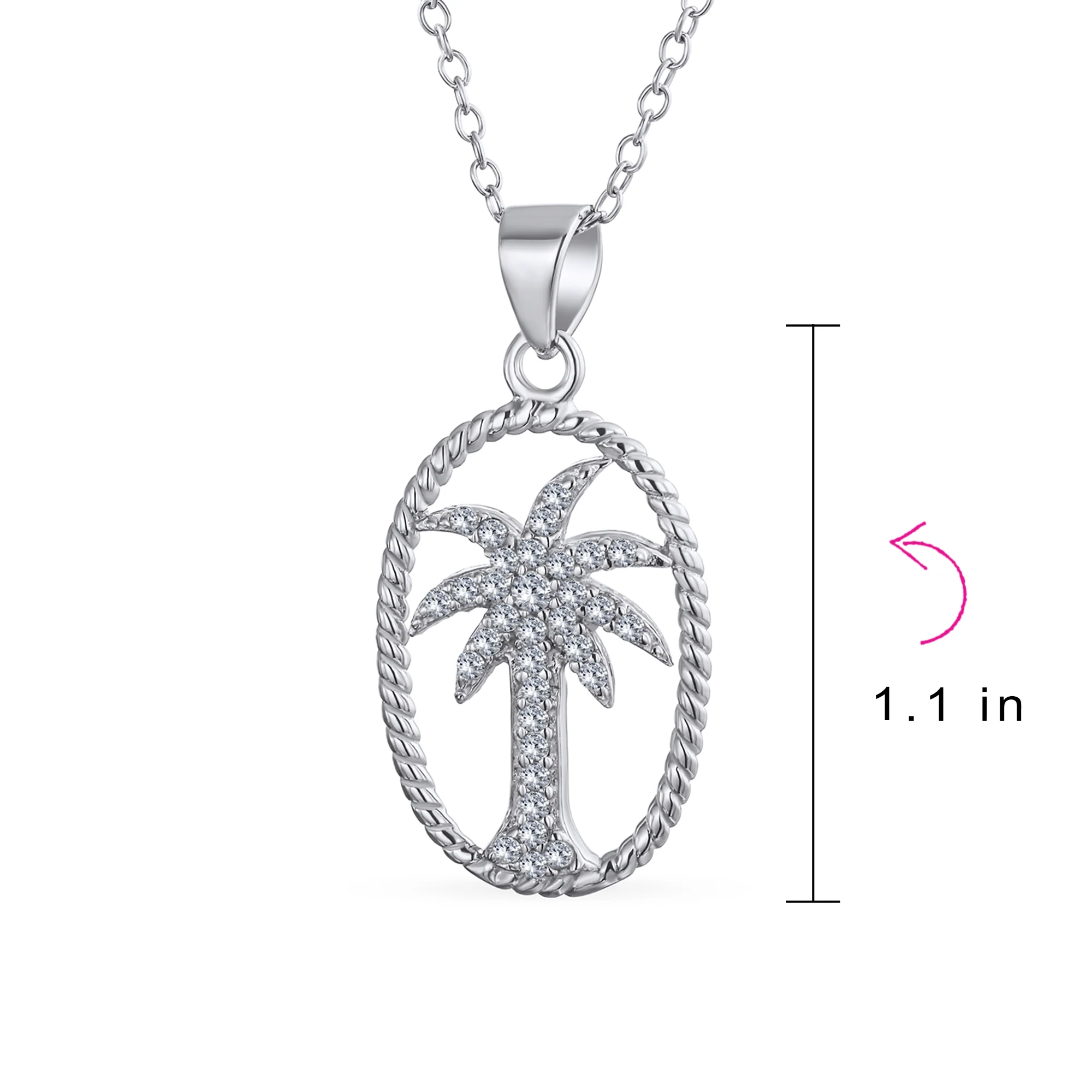 Oval Frame Nautical CZ Palm Tree Pendant Necklace in Sterling Silver - Image 4