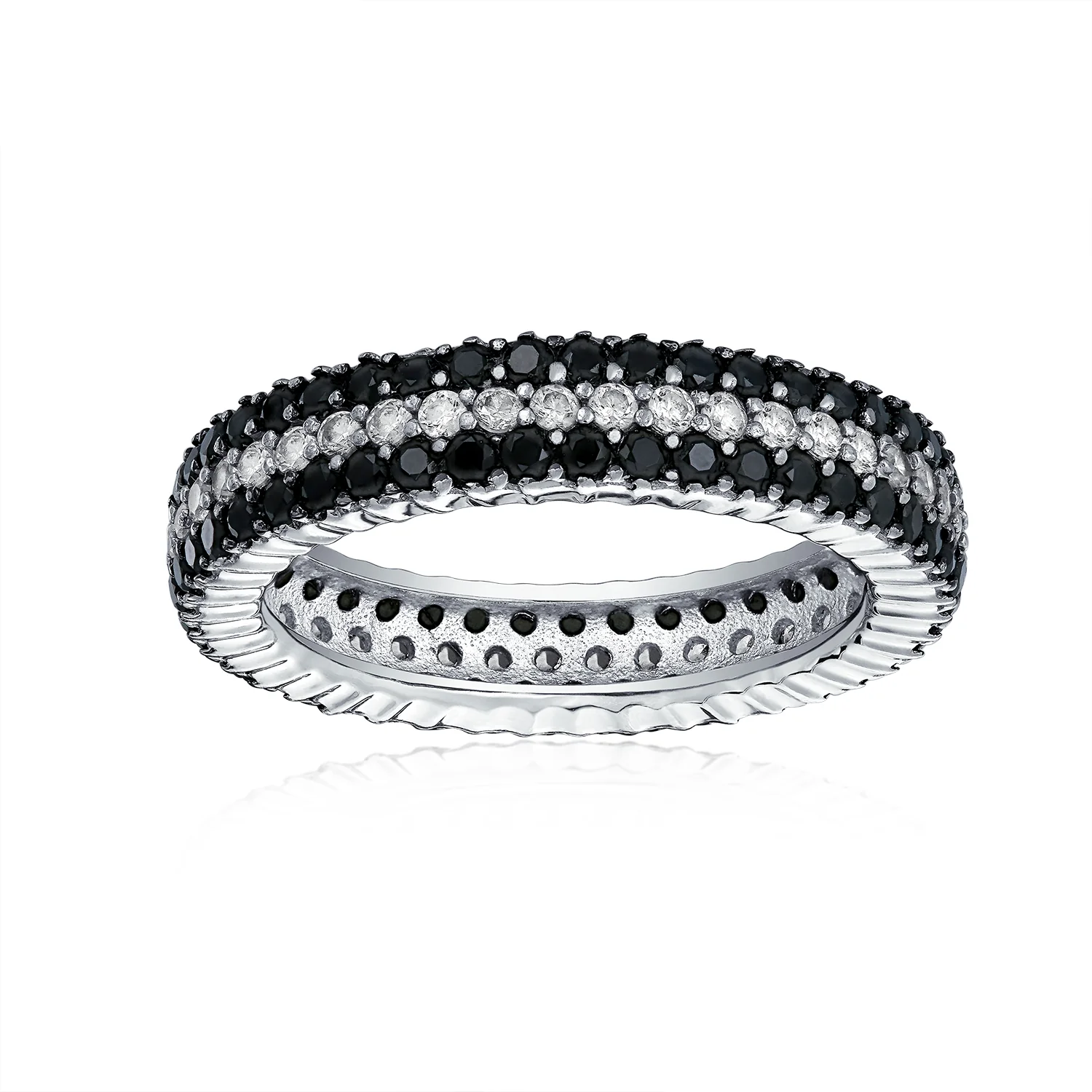 Cubic Zirconia 3 Row Pave Stripe CZ Statement Black & White Eternity Band Ring .925 Sterling Silver