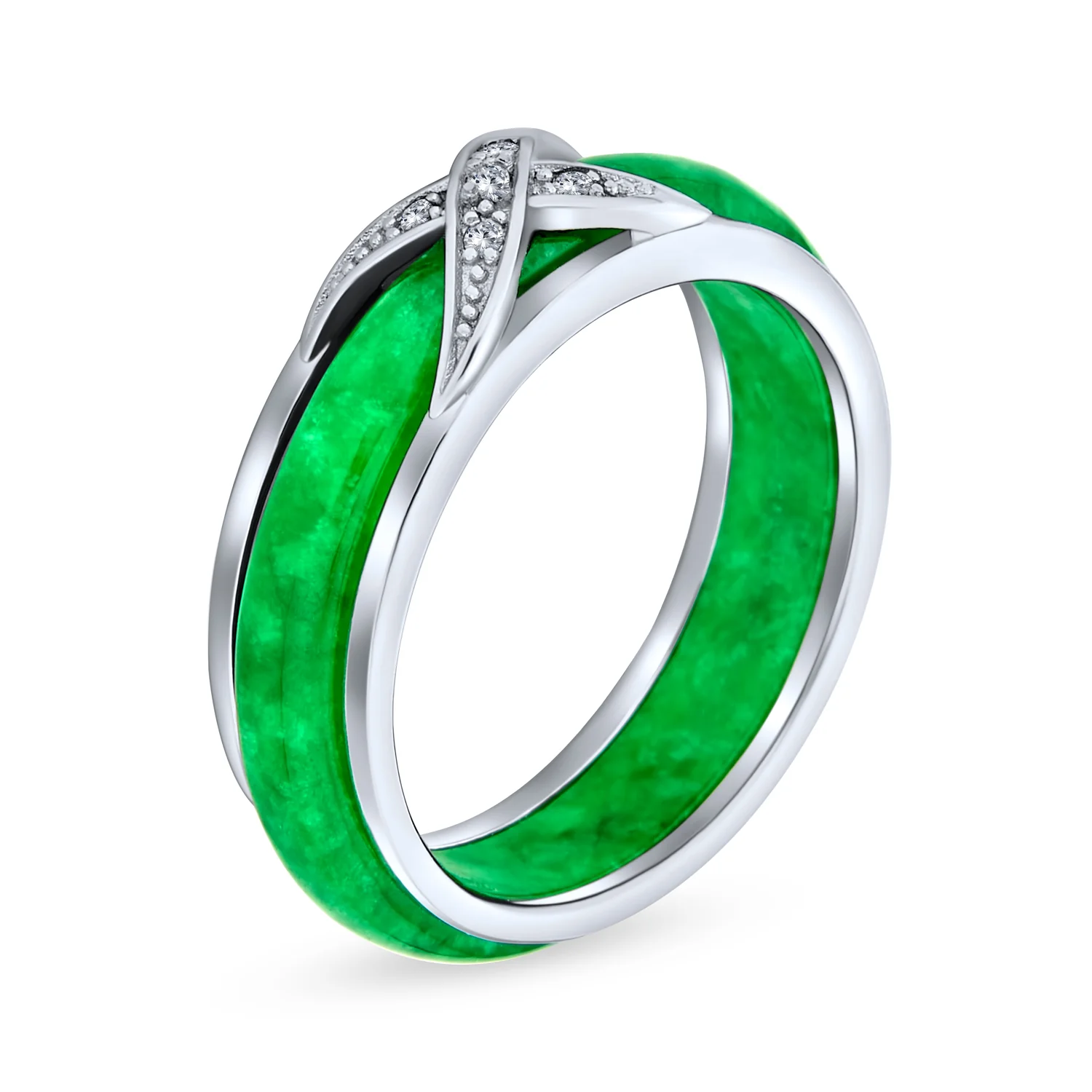 Pave Criss Cross CZ Accent Green Jade Band Ring .925 Sterling Silver - Image 2