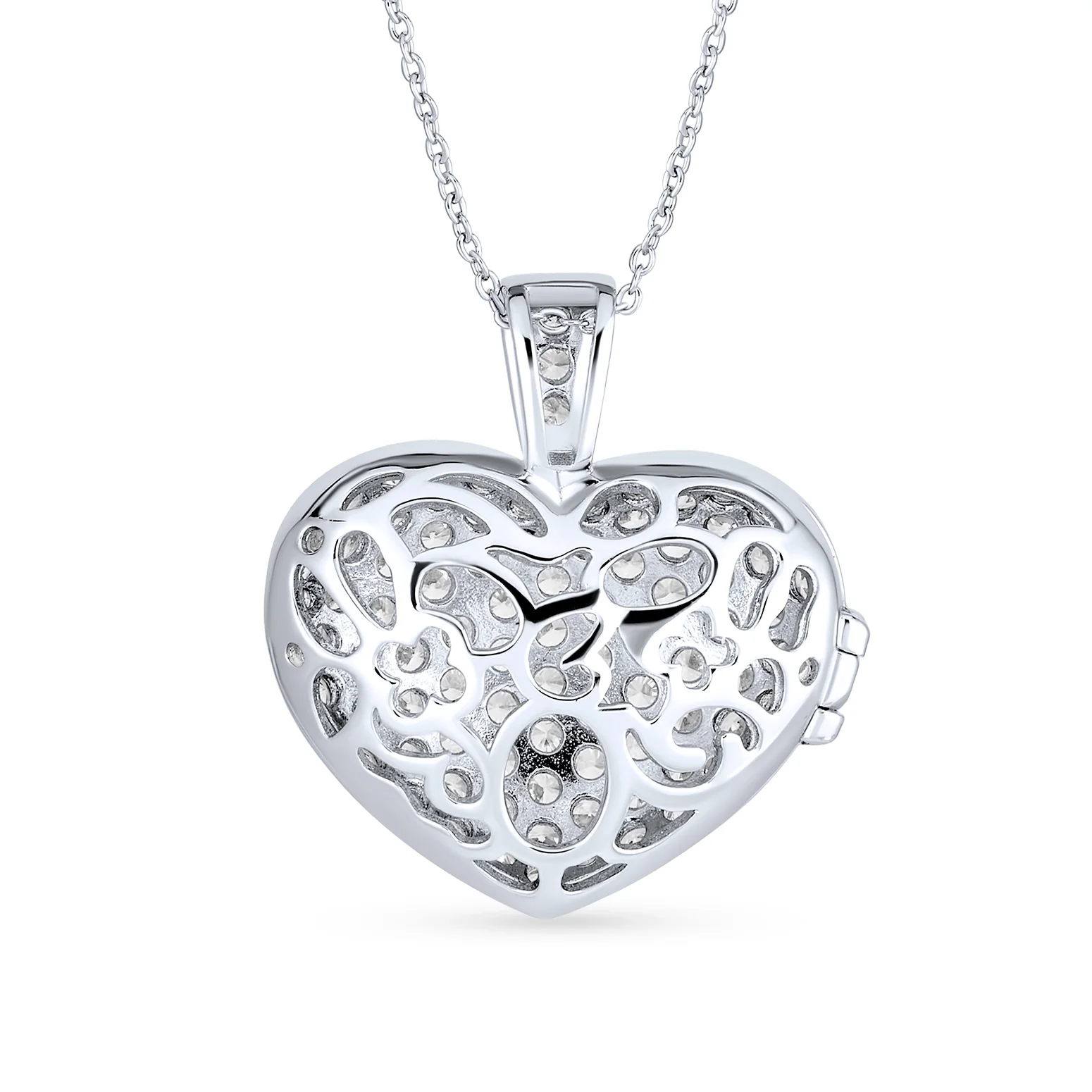 Keepsake Pave CZ Aromatherapy & Photo Large Puff Heart Shape Locket Pendant Necklace Sterling Silver - Image 2