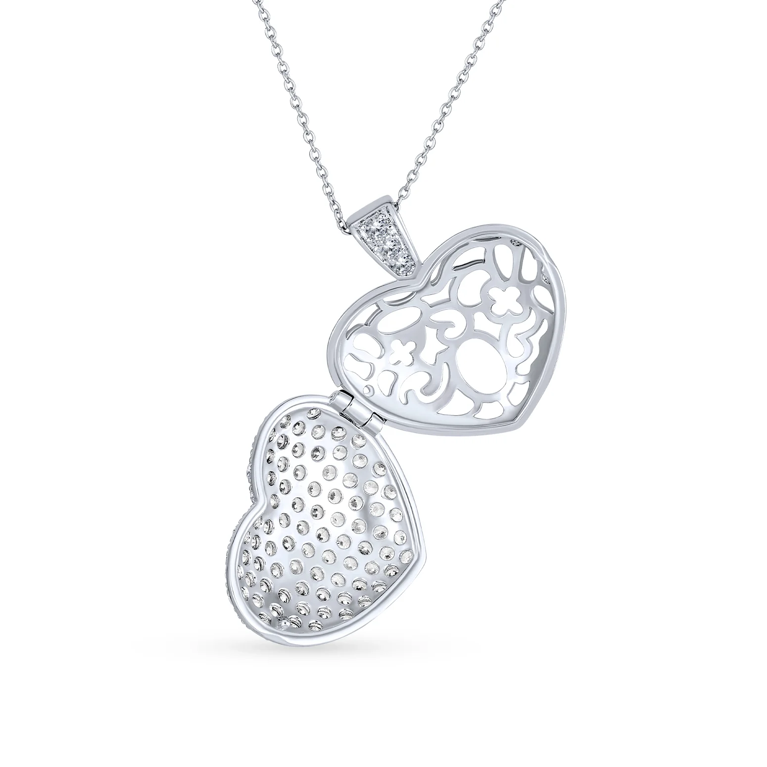 Keepsake Pave CZ Aromatherapy & Photo Large Puff Heart Shape Locket Pendant Necklace Sterling Silver - Image 5