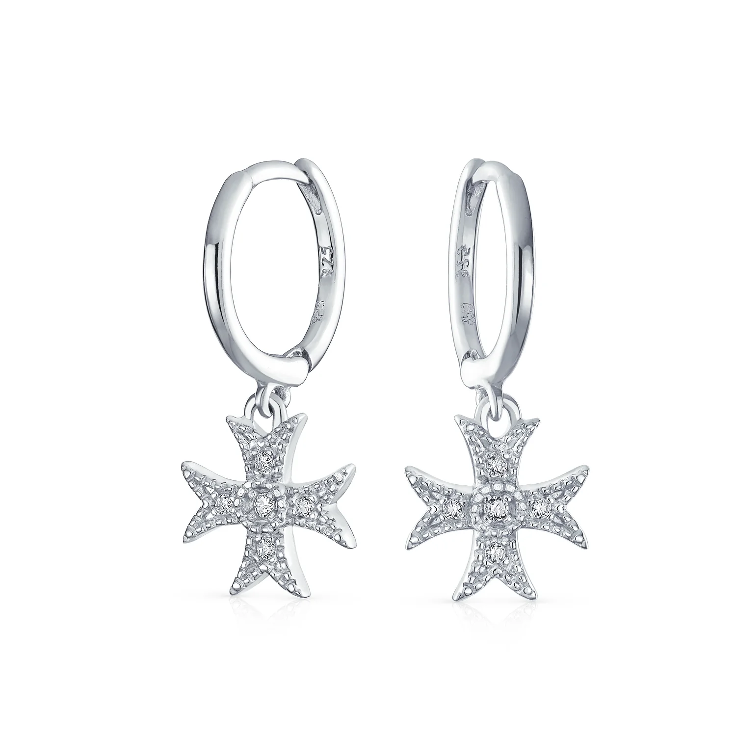 Pave CZ Dangle Chandelier Earrings Masonic Knight Templar Cross Charms Silver