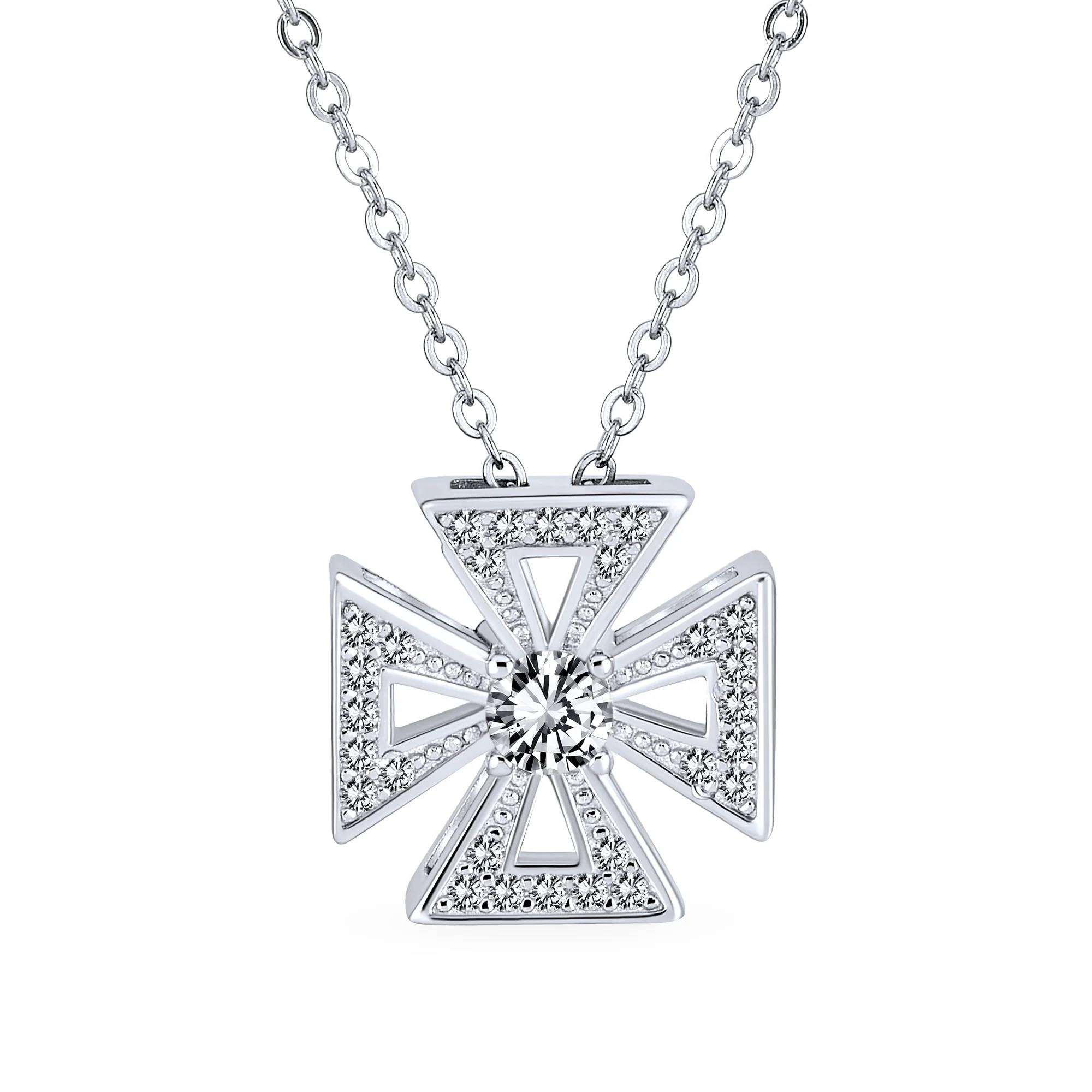 Ancient Knight Templar Cross Pendant Necklace Masonic Symbol Pave CZ .925 Sterling Silver