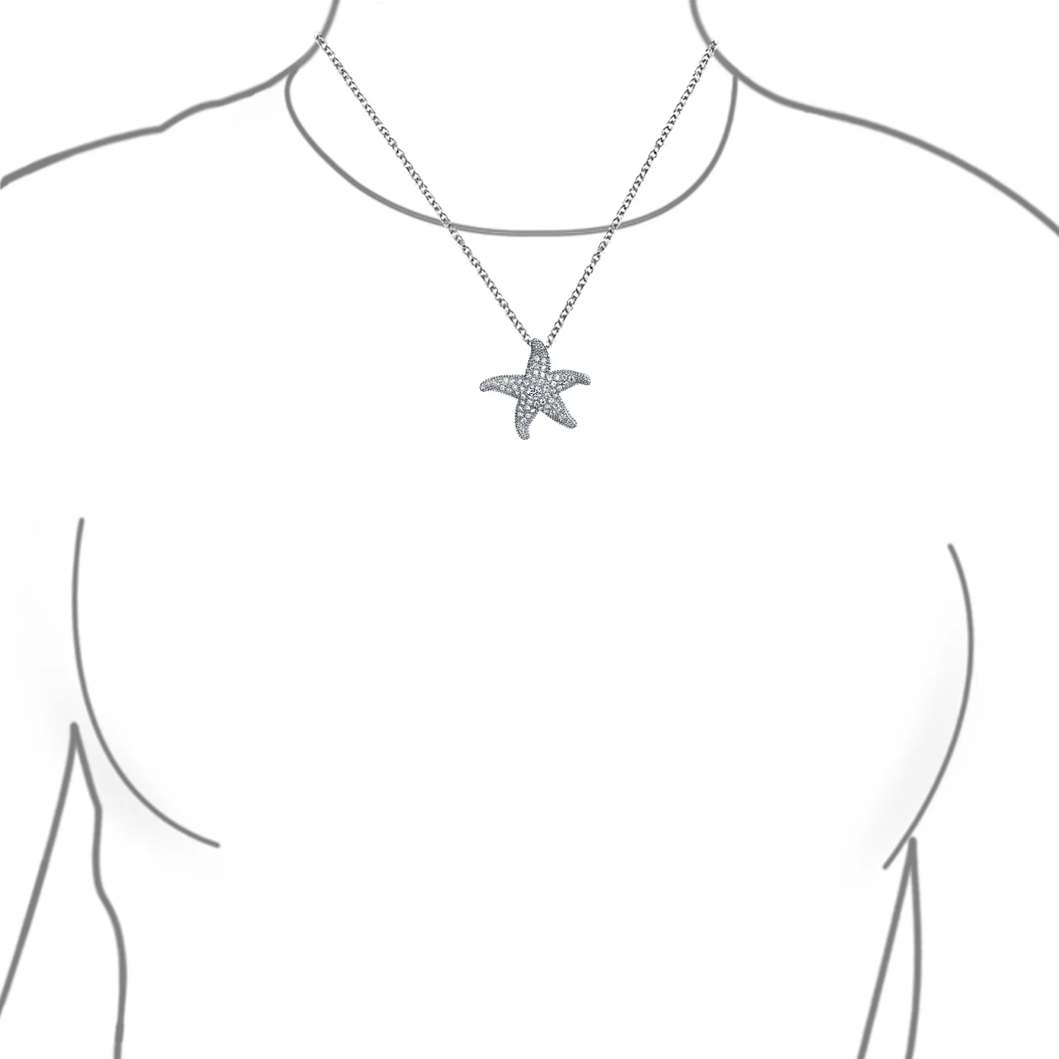 Nautical Beach Large Starfish Pave CZ Pendant Necklace Sterling Silver 1.25 Inch - Image 3