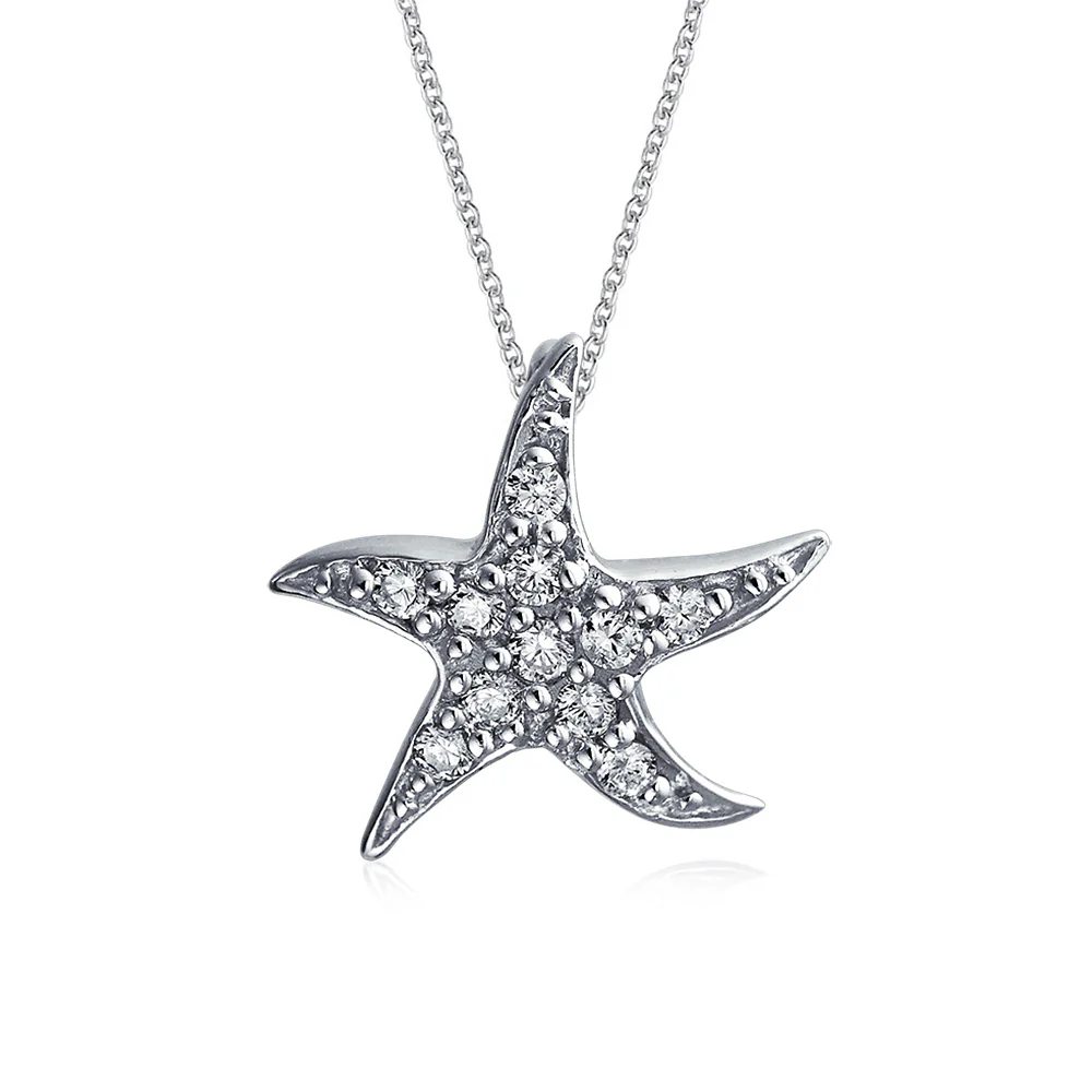 Nautical Beach Small Starfish Pave CZ Pendant Necklace Sterling Silver 0.55 Inch