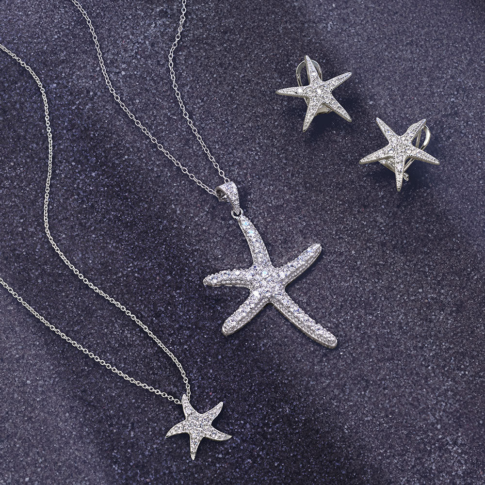 Nautical Beach Small Starfish Pave CZ Pendant Necklace Sterling Silver 0.55 Inch - Image 4