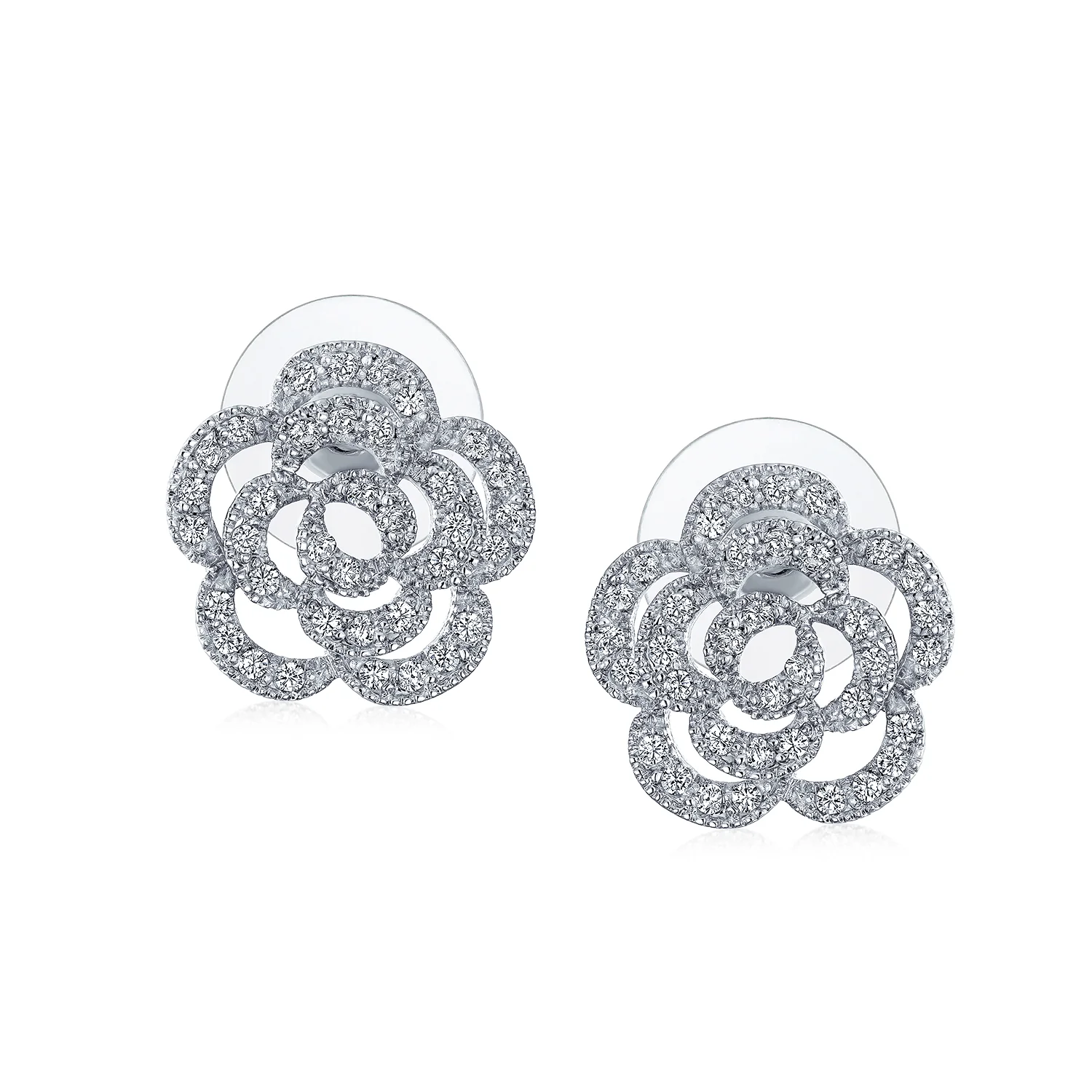 Cubic Zirconia CZ 3D Twist Halo Rose Flower Shape Stud Earrings - Image 2