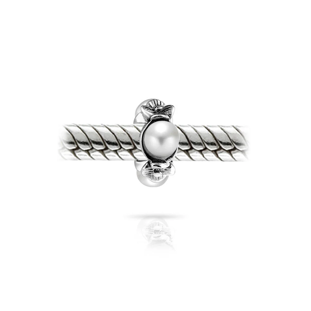 Set of 2 White Simulated Pearl Flower Charm Bead Sterling Silver for Bracelet - Image 2