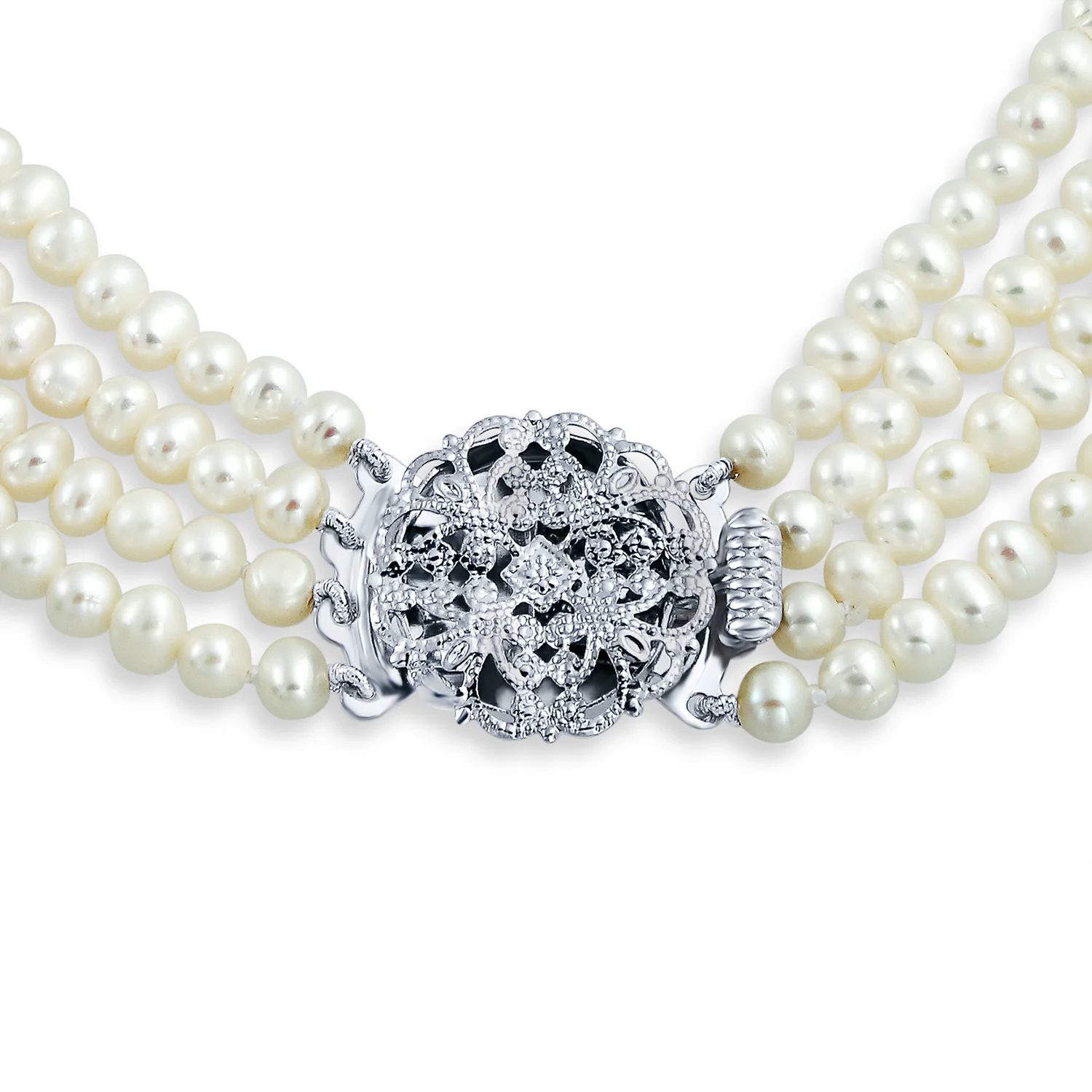 Art Deco Style White Freshwater Cultured Pearl Statement Multi Strand Necklace Floral Clasp - Image 3