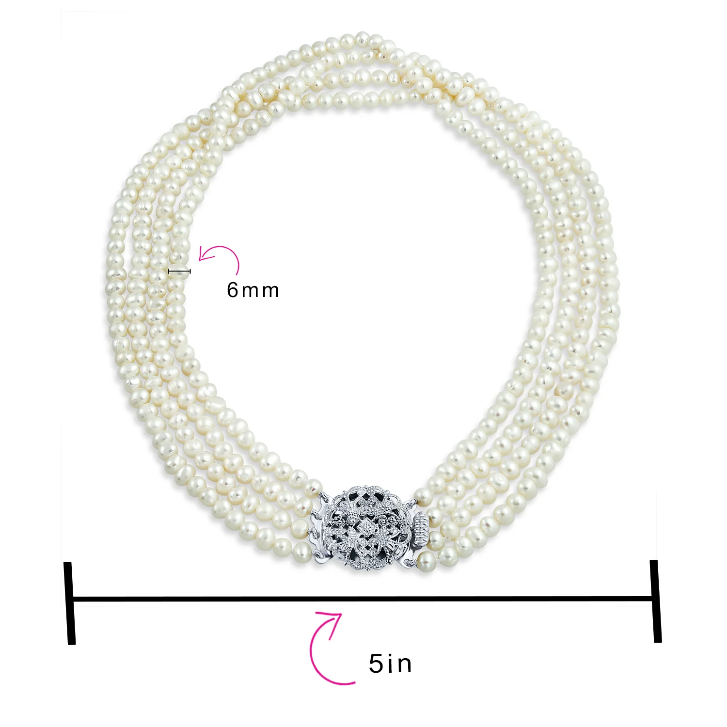 Art Deco Style White Freshwater Cultured Pearl Statement Multi Strand Necklace Floral Clasp - Image 5