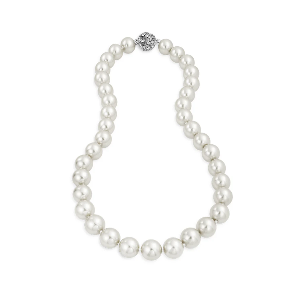 Classic Faux 10MM White Pearl Strand Necklace Crystal Ball Clasp 16 Inch