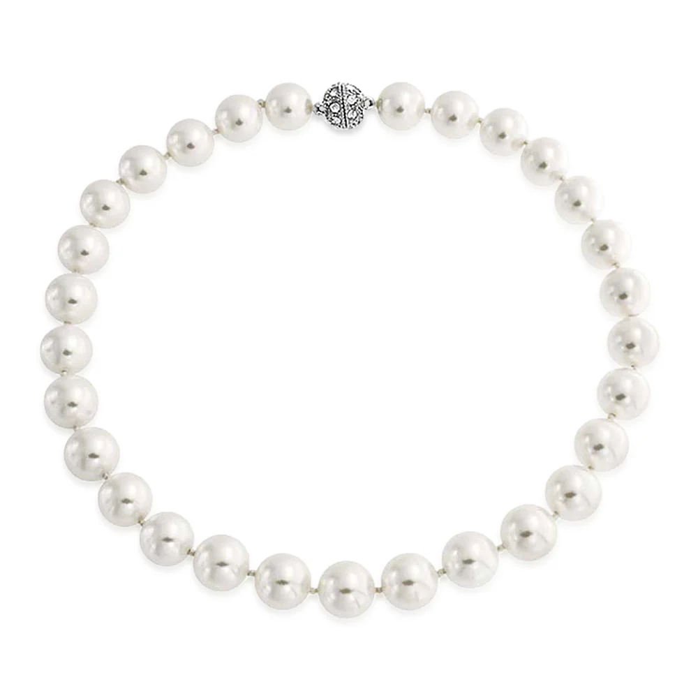 Classic Faux 10MM White Pearl Strand Necklace Crystal Ball Clasp 16 Inch - Image 2