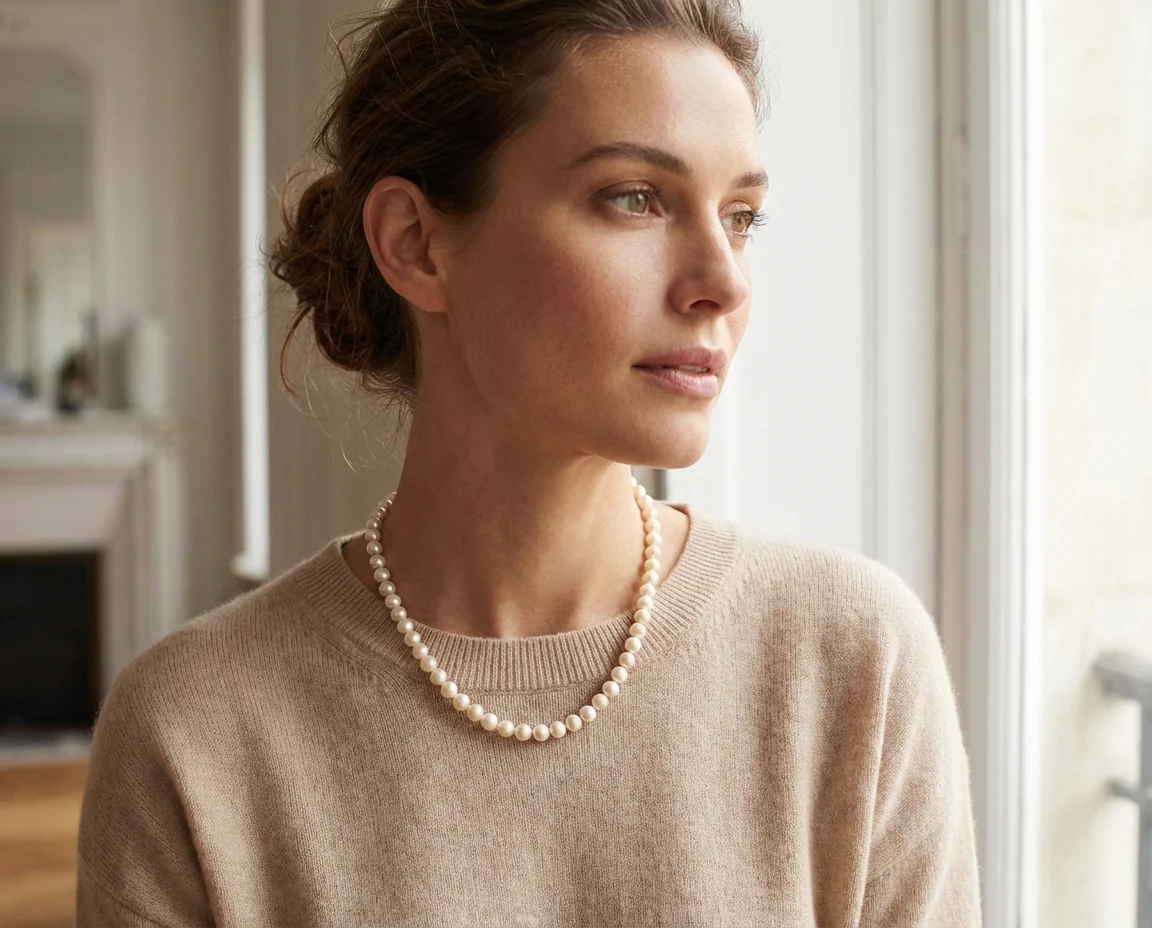Classic Faux 10MM White Pearl Strand Necklace Crystal Ball Clasp 16 Inch - Image 3